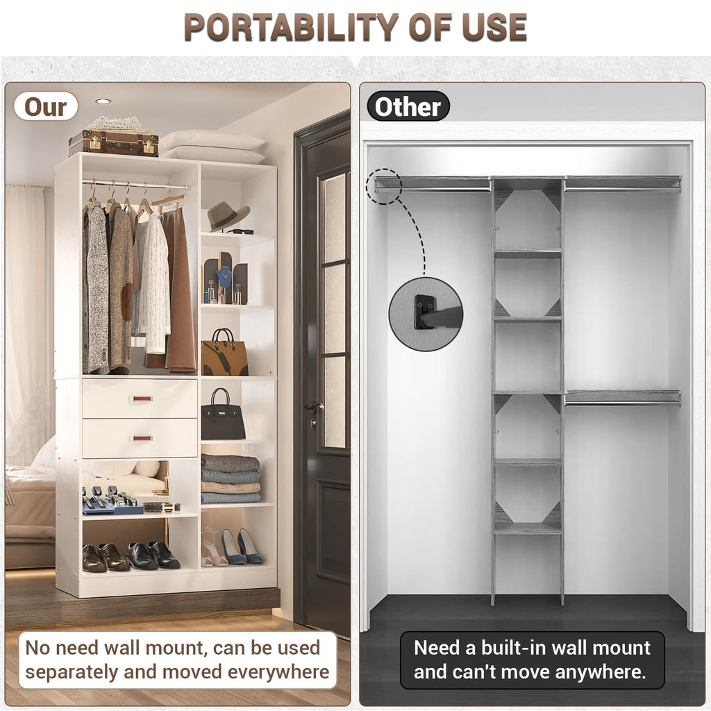 Homieasy 39.4'' W Closet System with Wooden Drawers and Hanging Rods, White