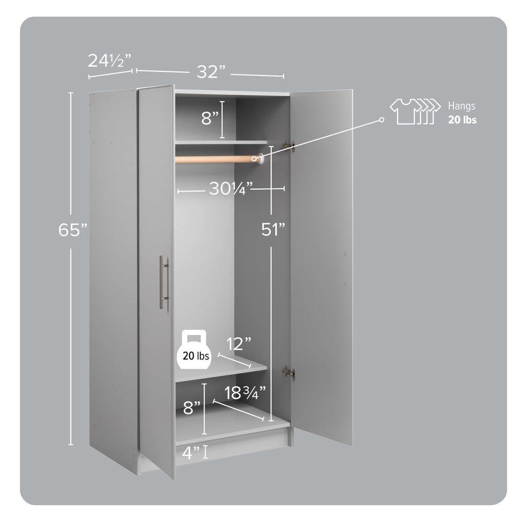 Prepac Armoir, Elite 32W x 35H x 20D White Wardrobe Closet & Cabinet - Functional Clothes Storage with Hanging Rail, Armoire Wardrobe - WEW-3264