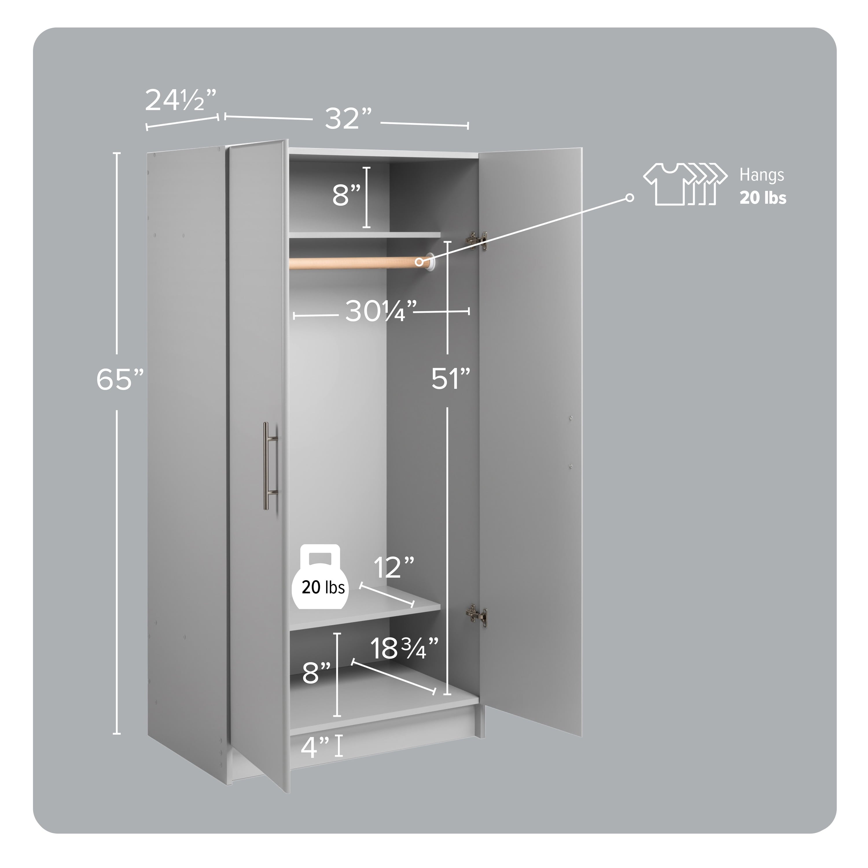 Prepac Armoir, Elite 32W x 35H x 20D White Wardrobe Closet & Cabinet - Functional Clothes Storage with Hanging Rail, Armoire Wardrobe - WEW-3264