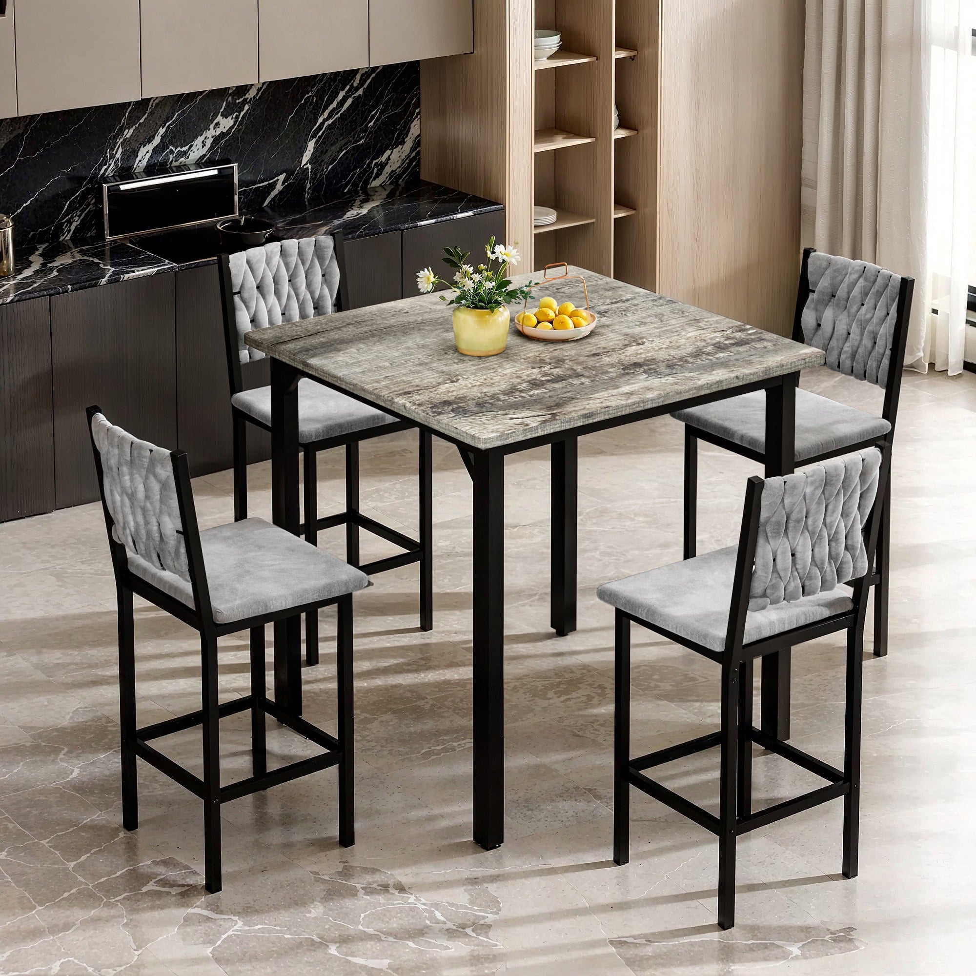 MIERES 5 Piece Dining Table Set High Top Dining Table Set for 4 Counter Height Small Kitchen Table With 4 Velvet Upholstered Chairs, Wood Small Dining Set for Bar Dining Room Breakfast