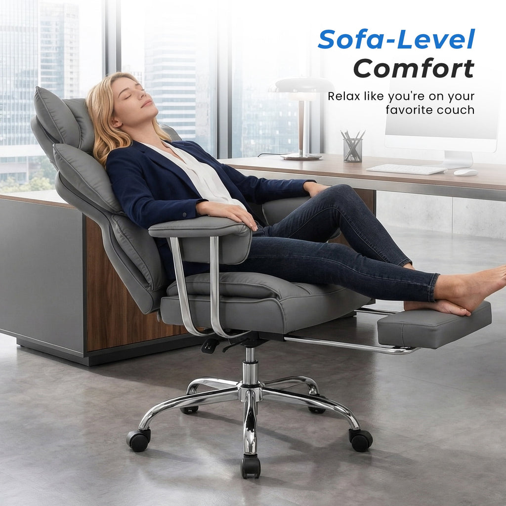 edx Executive Home Office Desk Chair, Ergonomic Big Tall High Back with Footrest & Lumbar Support, Reclining Comfy PU Leather Computer Gaming Chair with Swivel Wheels, Height Adjustable, Black