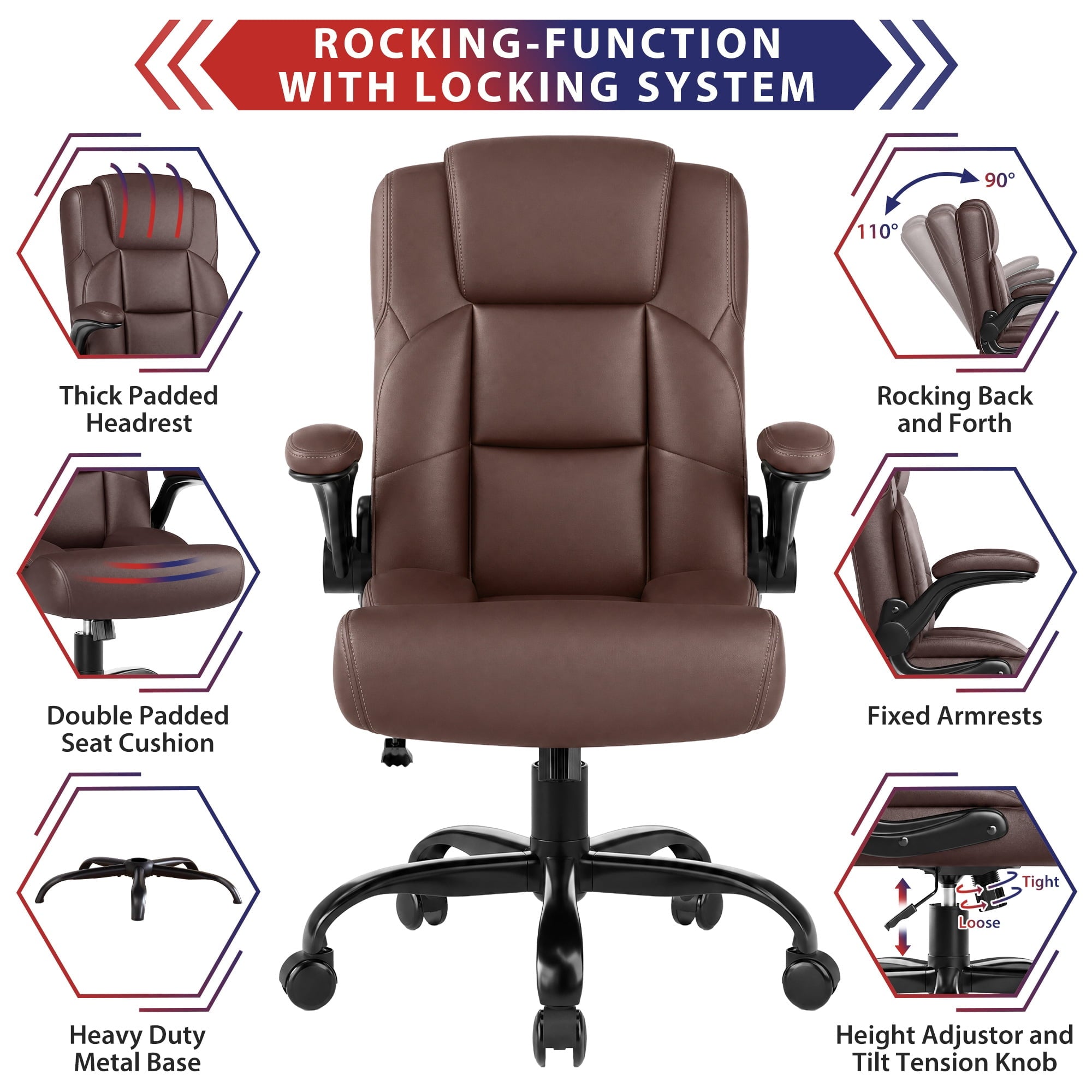 JONPONY Leather Office Chair, Big and Tall 500lbs Ergonomic Desk Chairs with Back Support, Executive Leather Chair with Wheels for Home Office, with Adjustable Padded Armrest & Lumbar Support , Black
