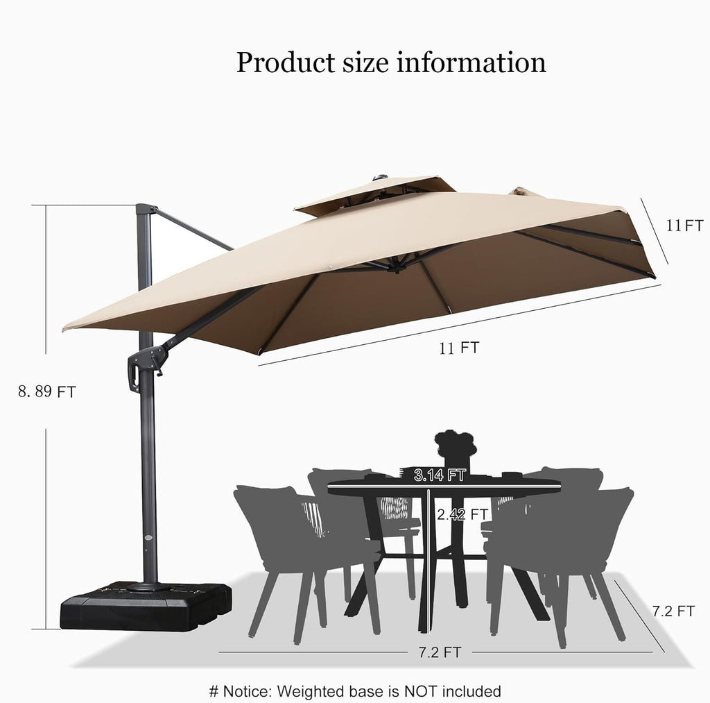 PURPLE LEAF Cantilever Umbrellas 12FT Square Large Patio Umbrella Offset Umbrella with 360°Rotation Tilting And Hanging Double Top, Grey