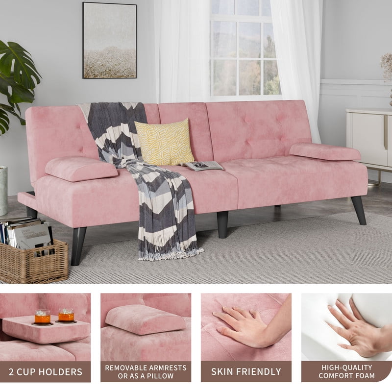 Walsunny Convertible Futon Sofa Bed, Foldable Futon Sleeper Sofa Bed with 2 Cup Holders, Folding Loveseat Recliner with 3-Angle Adjustment Modern Couch for Living Room, Small Space, Pink