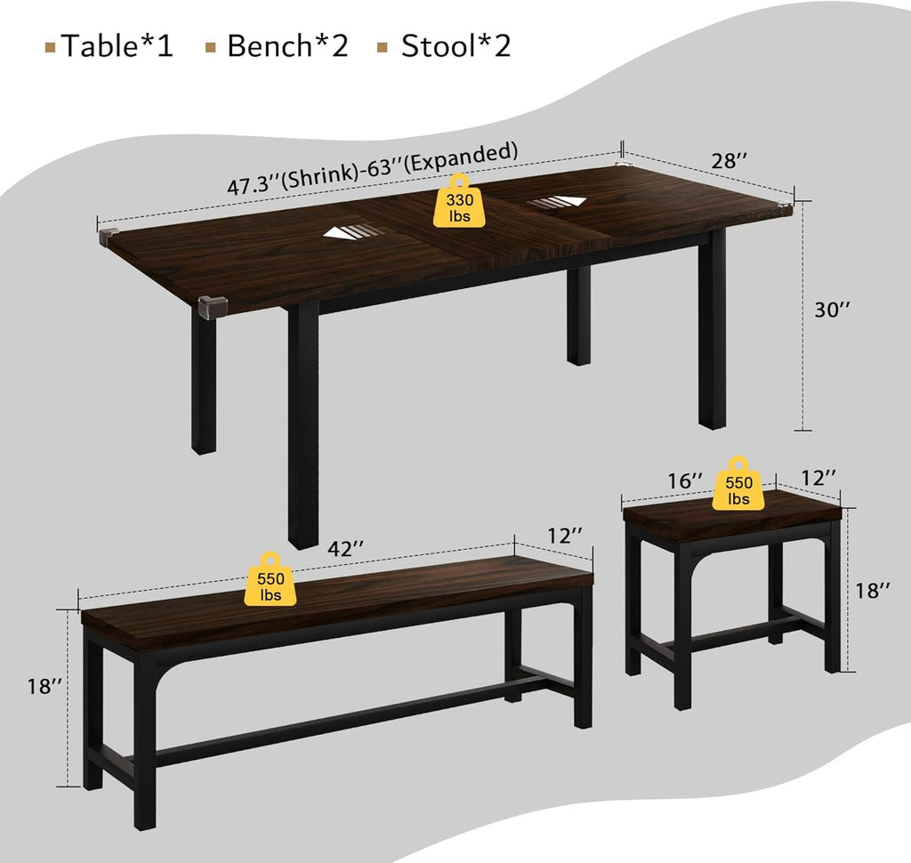 iPormis 5-Piece Dining Table Set for 4-8 People, Extendable Kitchen Table Set with 2 Benches and 2 Square Stools, Espresso