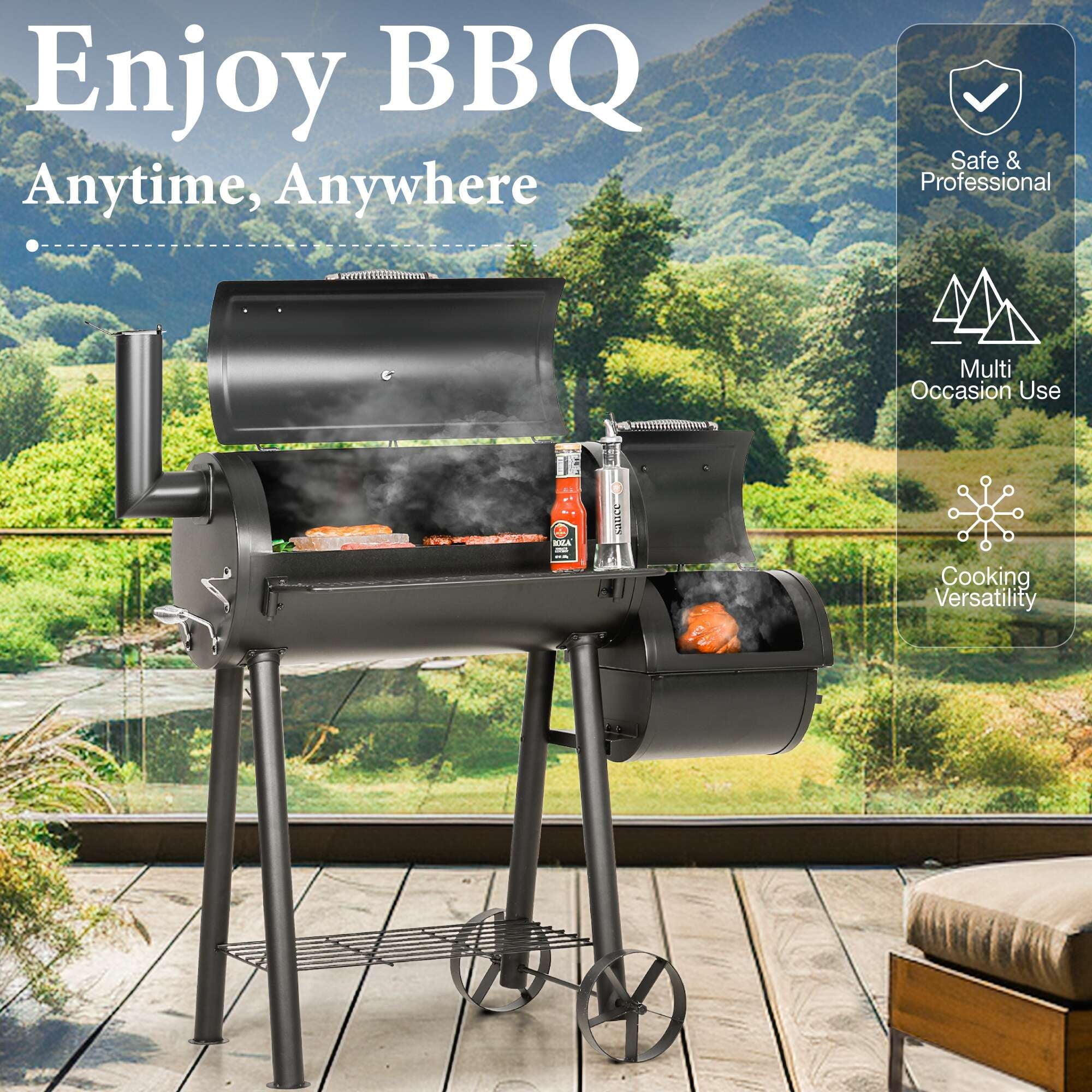 PHI VILLA 28 Charcoal Grill with Offset Smoker Black