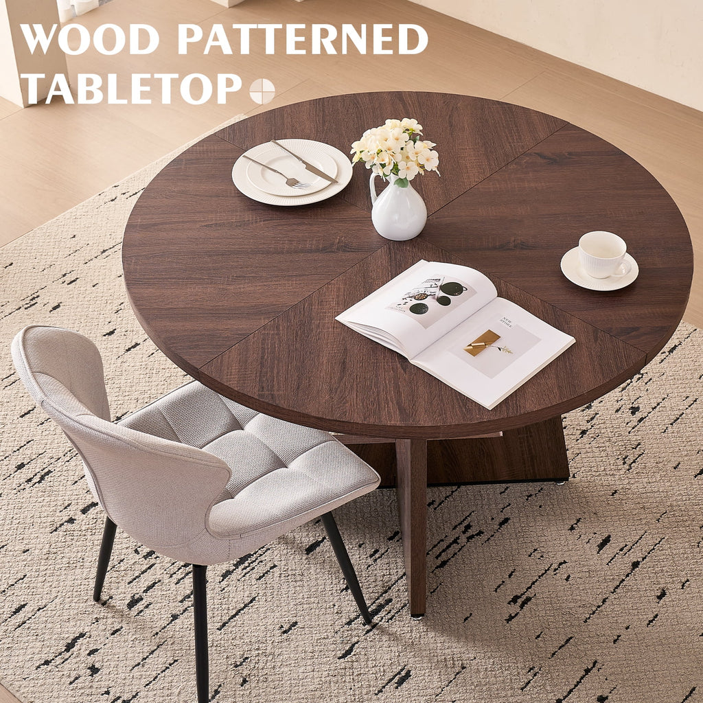 5 Piece 47'' Round Dining Table Chairs Set for 4, Farmhouse Oak Kitchen Table with 4 Boucle Mid Century Modern Dinning Room Chairs, Wood Dinner Table &Upholstered Chair Set of 4, Beige