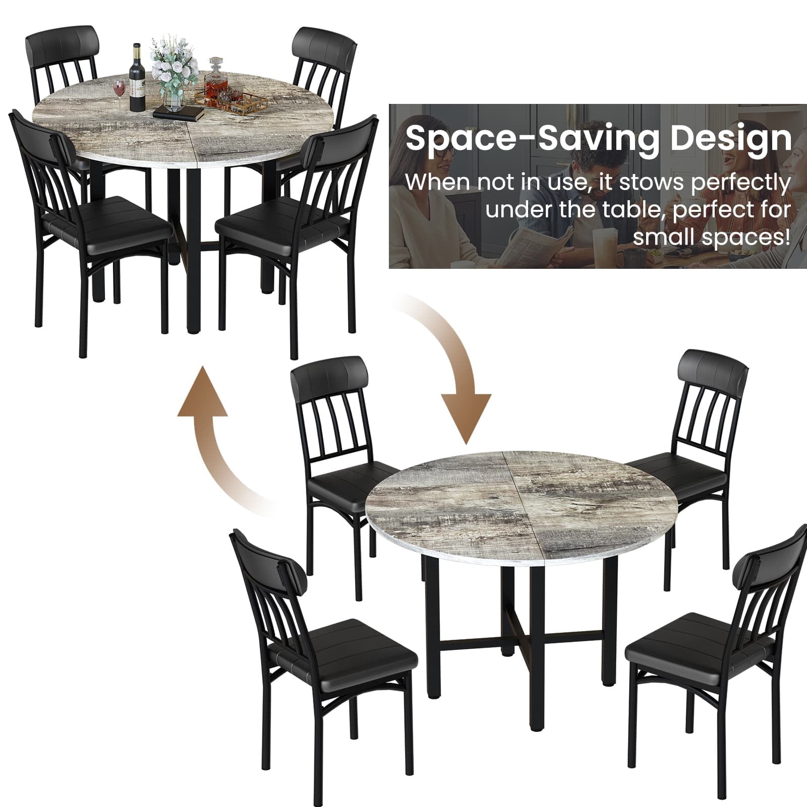 Lamerge Round Dining Table Set for 4,Wood Round Kitchen Table and Chairs Set for 4,Modern Dining Room Table Set with 4 Faux Leather Chairs,Round Dinner Table for Small Space,Brown