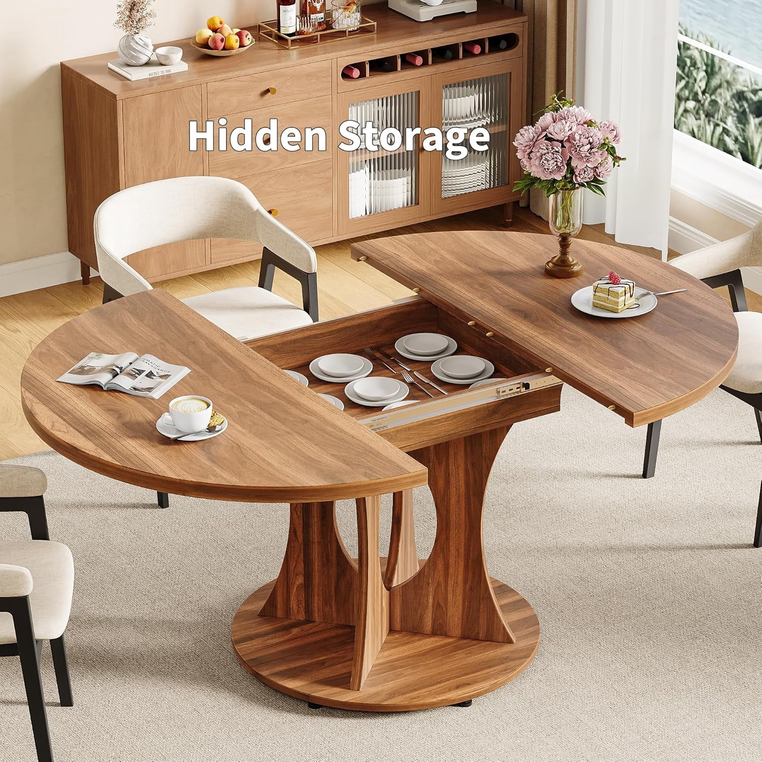 Laisnet 59 Extendable Wooden Dining Table for 8, Modern Kitchen Table with Hidden Storage, Black