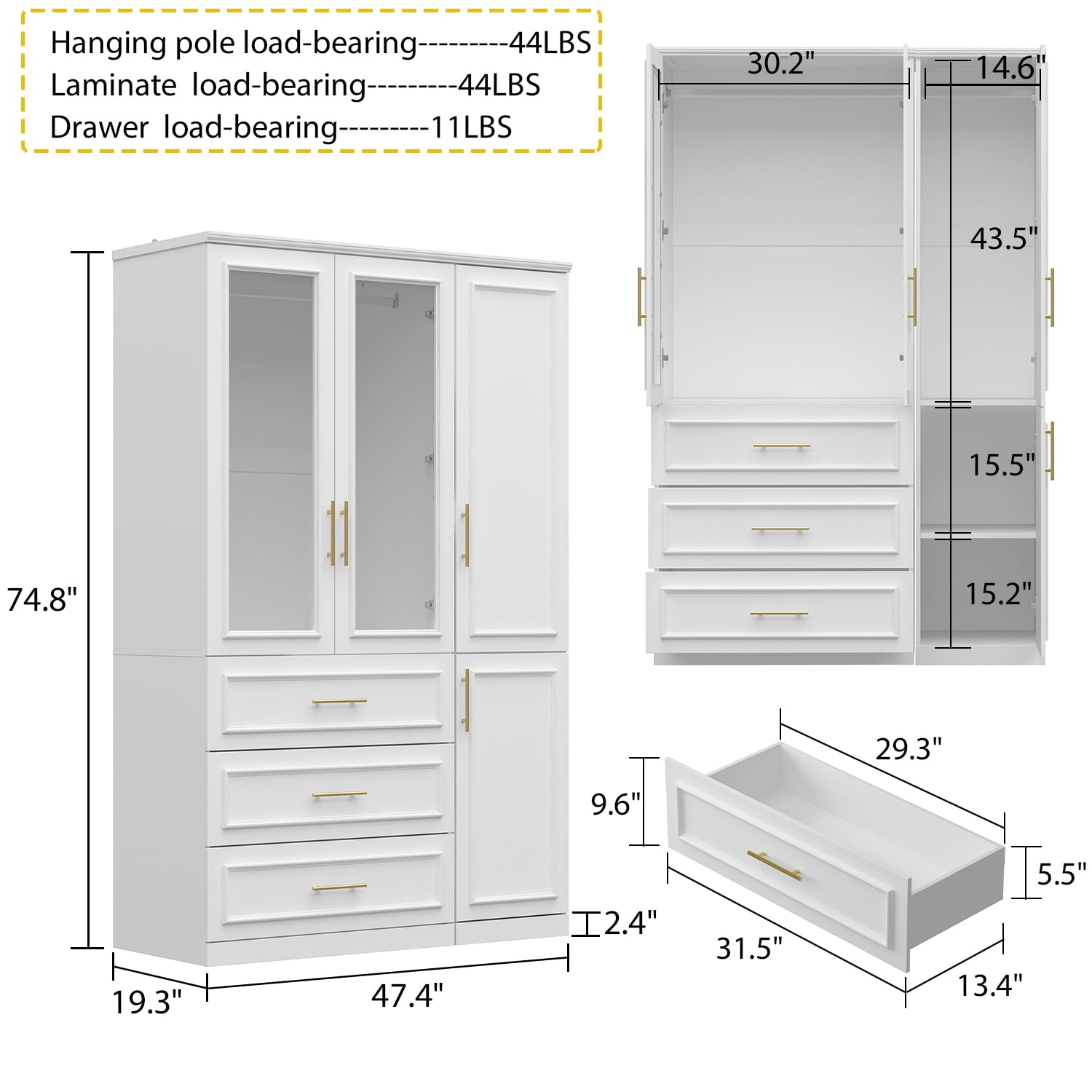 KULAGAGA Wardrobe Closet with Hanging Rod, Modern Wooden Armoire with 4 Framed Doors & 3 Large Shelves, Clothes Storage Cabinet Organizer for Bedroom Apartment, White