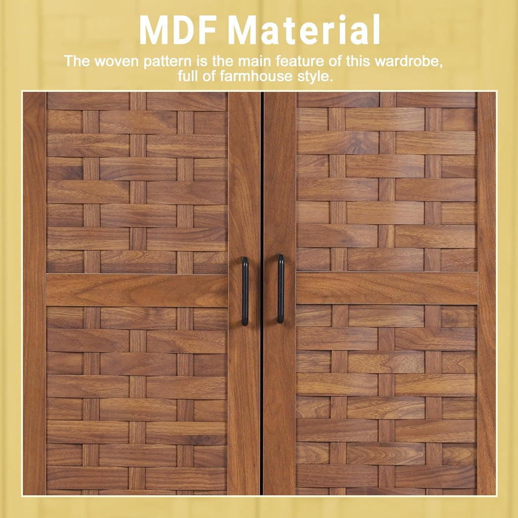 Wirrytor Freestanding Wooden Armoire Wardrobe with 2 Woven Doors and Storage Drawers, Space-Saving Closet Cabinet for Bedroom, Sturdy Mdf Board Closet with Hanging Rail