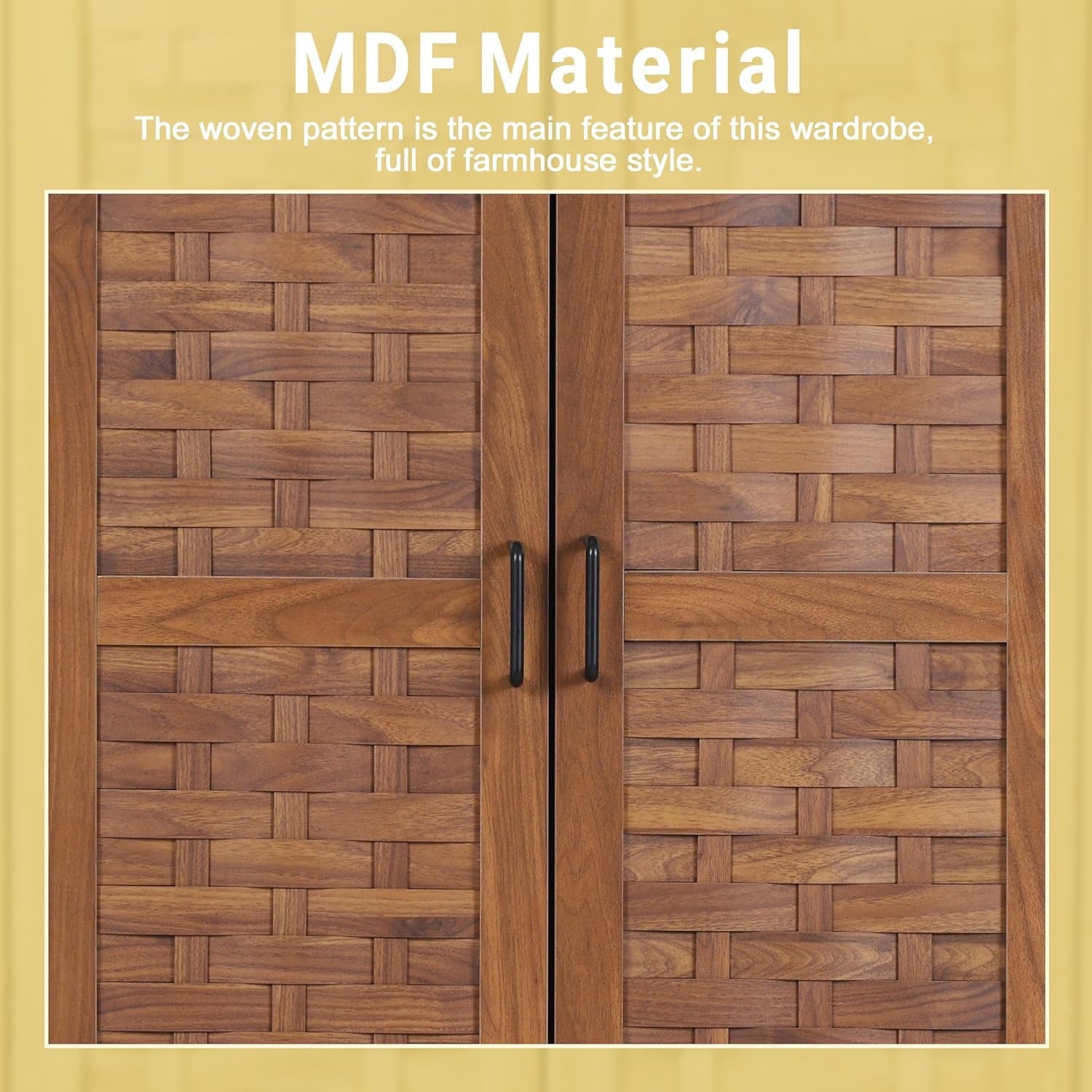 Wirrytor Freestanding Wooden Armoire Wardrobe with 2 Woven Doors and Storage Drawers, Space-Saving Closet Cabinet for Bedroom, Sturdy Mdf Board Closet with Hanging Rail