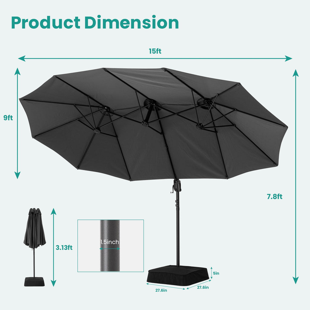MOALCOFER 15 x 9 FT Double Sided Patio Umbrella with Base Included, Outdoor Rectangular Market Umbrella with Crank Lift, 12 Reinforced Ribs， Khaki