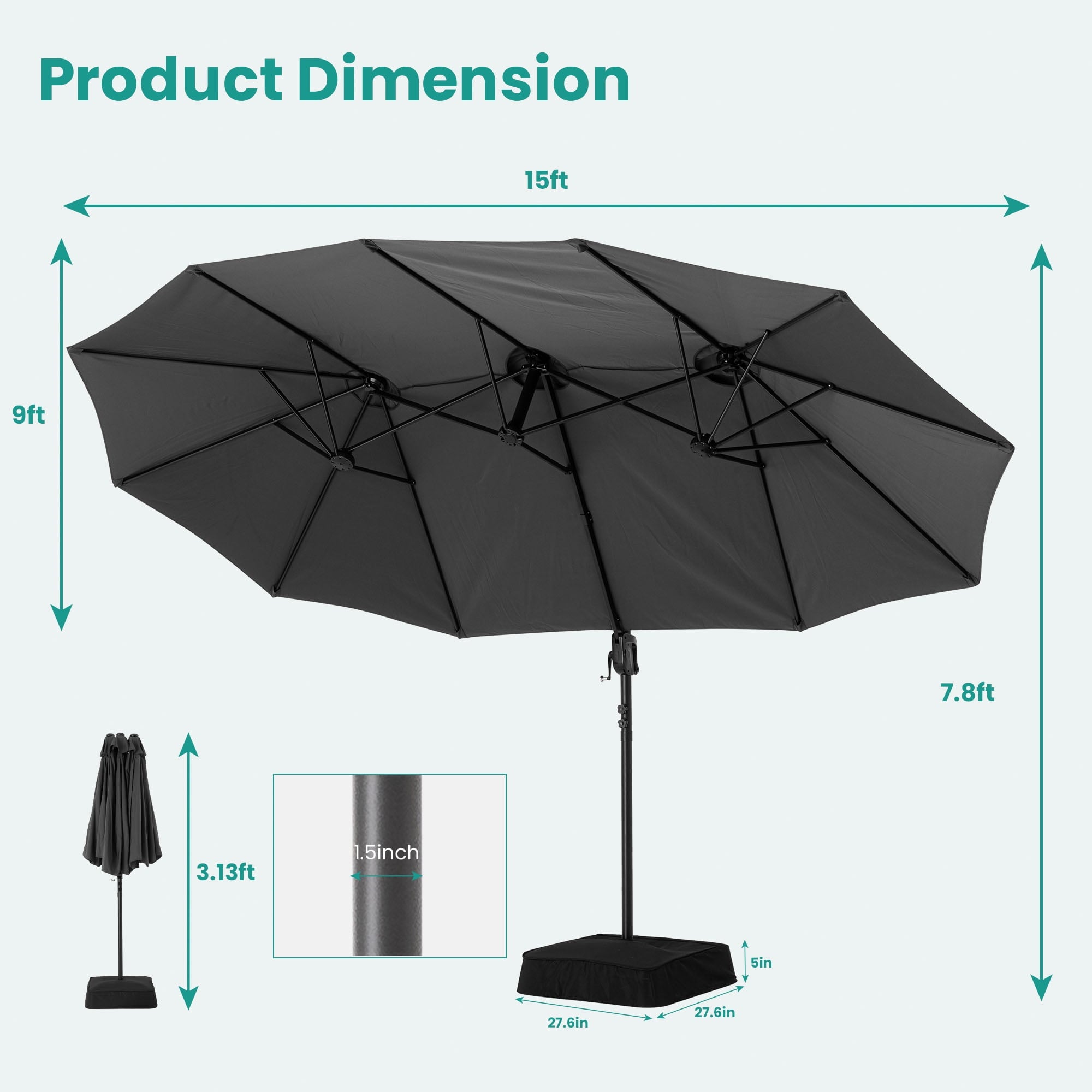 MOALCOFER 15 x 9 FT Double Sided Patio Umbrella with Base Included, Outdoor Rectangular Market Umbrella with Crank Lift, 12 Reinforced Ribs， Khaki