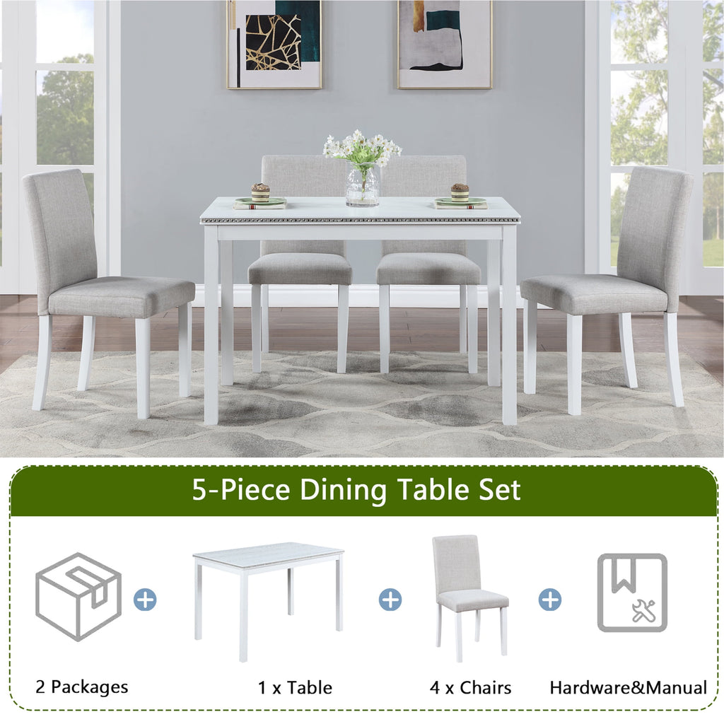 UHOMEPRO 5 Piece Dining Table Set, Modern Dining Table Sets with Rectangular Table and 4 Fabric Upholstered Chairs, Dining Set for Kitchen and Dining Room, White