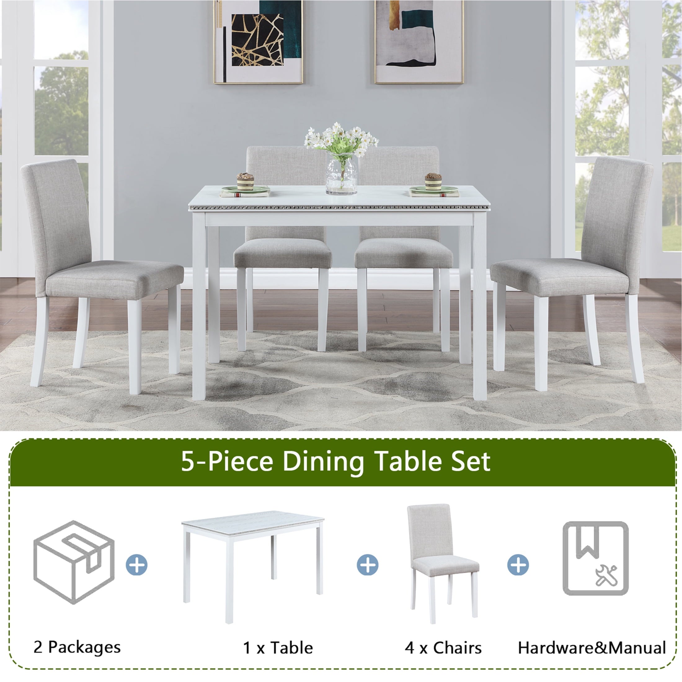 UHOMEPRO 5 Piece Dining Table Set, Modern Dining Table Sets with Rectangular Table and 4 Fabric Upholstered Chairs, Dining Set for Kitchen and Dining Room, White