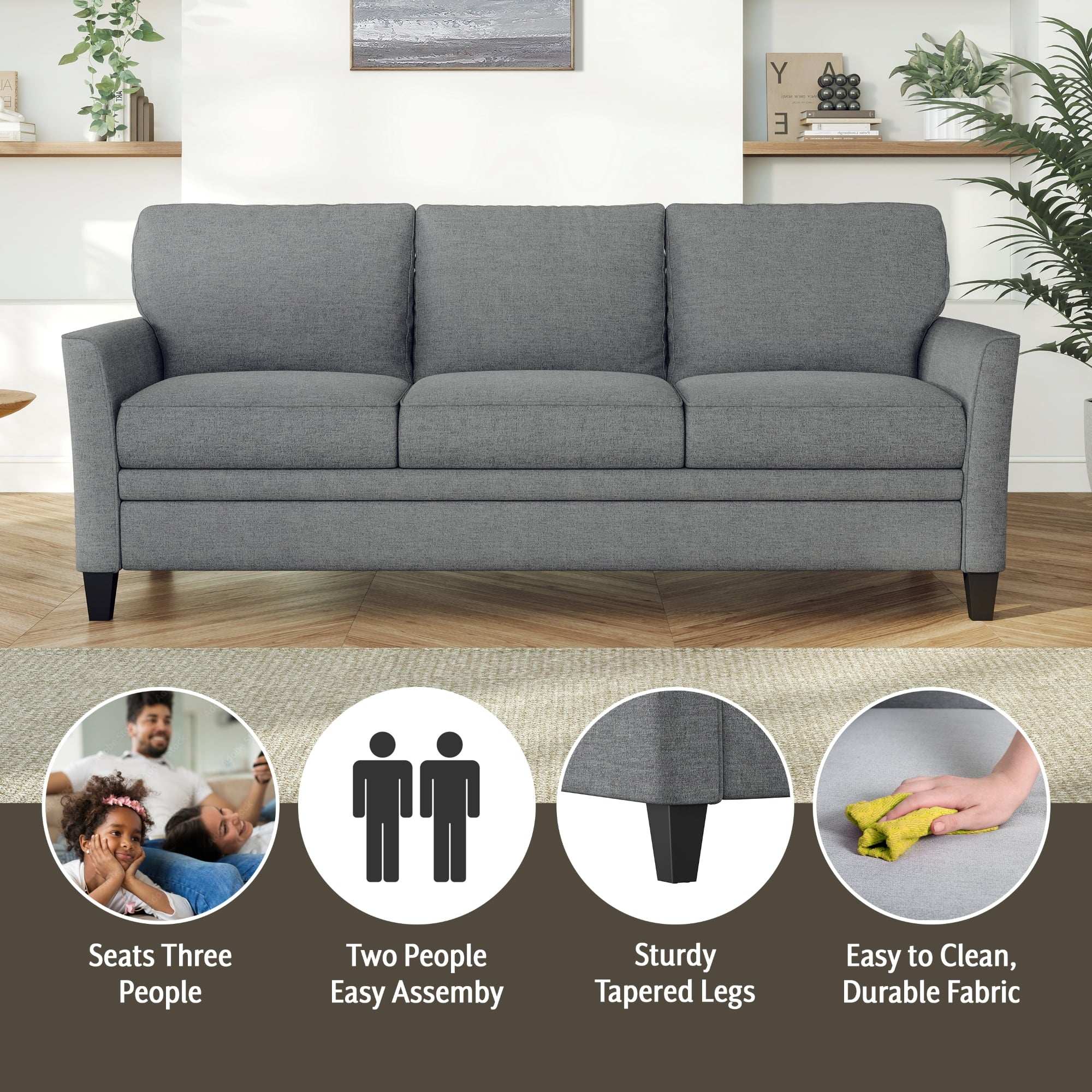 Mainstays Kensington 80 3 Seat Classic Modern Couch, Gray