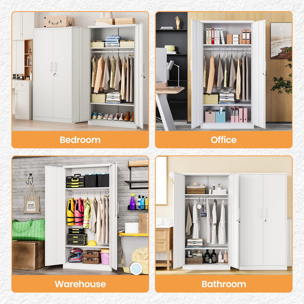 STANI Metal Wardrobe Closet with Hanging Rod, 72 White Armoire Wardrobe Cabinet with Adjustable Shelves, Clothes Storage Organizer Cabinets for Bedroom, Bathroom, Office