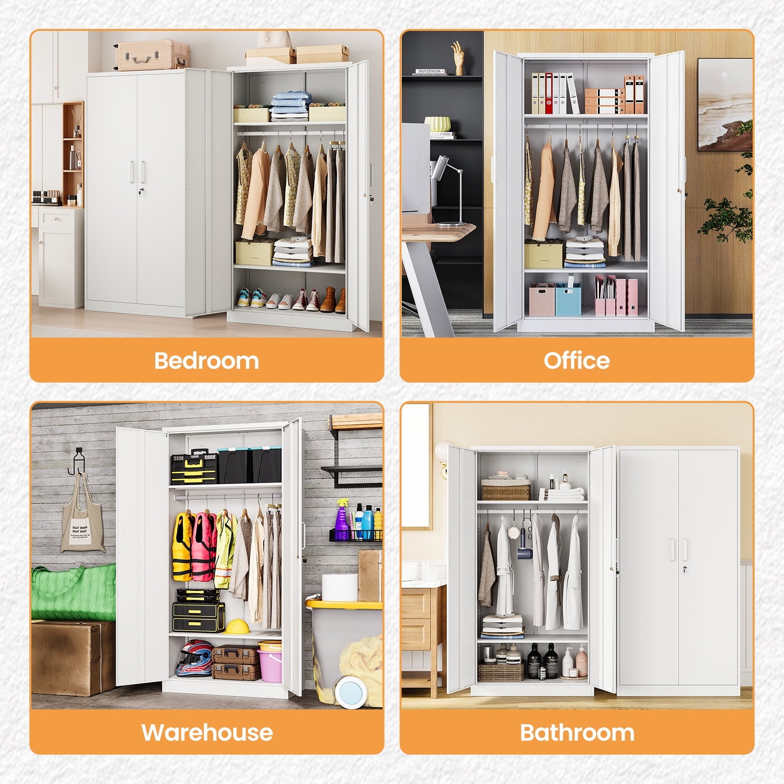 STANI Metal Wardrobe Closet with Hanging Rod, 72 White Armoire Wardrobe Cabinet with Adjustable Shelves, Clothes Storage Organizer Cabinets for Bedroom, Bathroom, Office