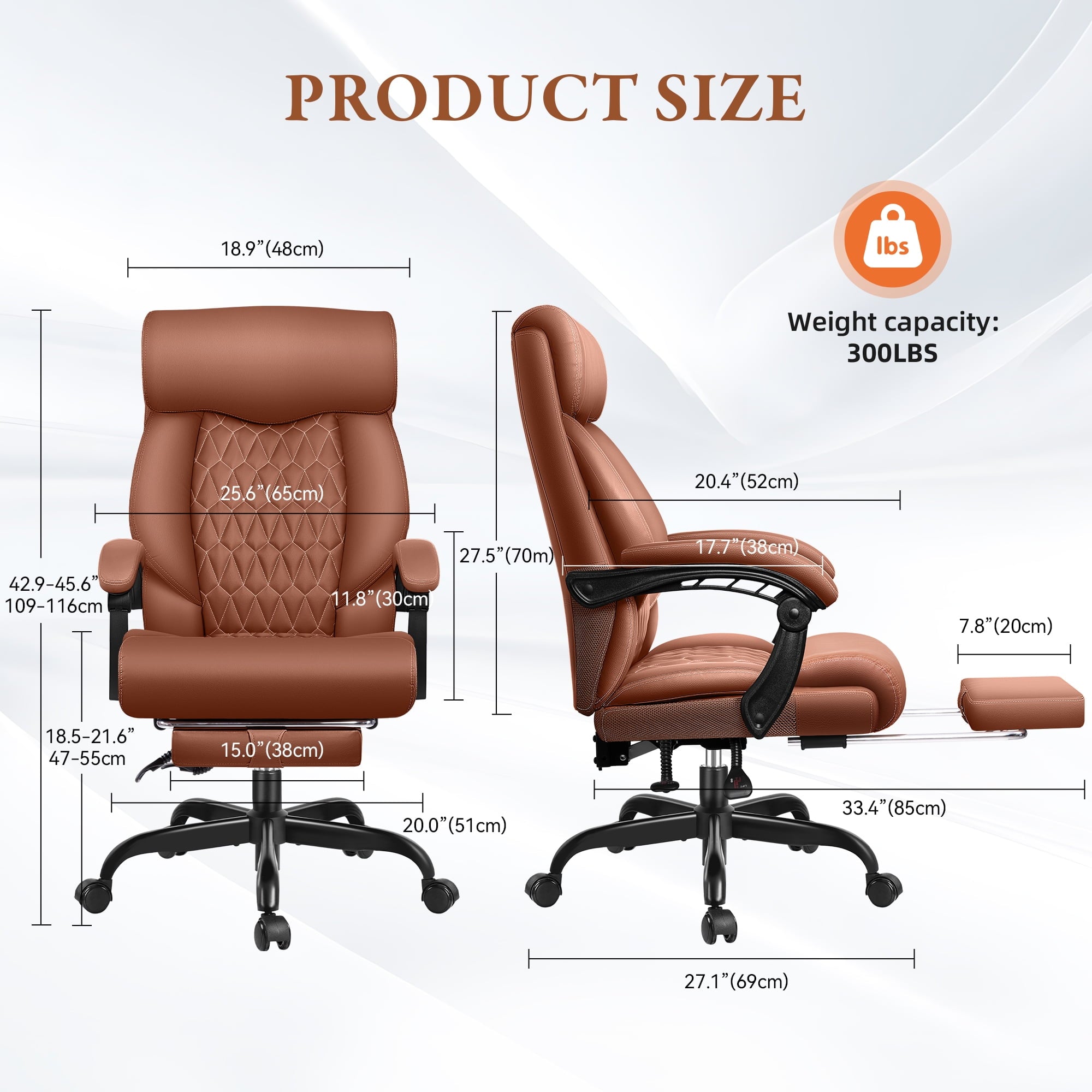 FASTES Executive Office Chair, Ergonomic Desk Chair with Adjustable Armrests, Computer Leather Chair Big and Tall Office Chair with Footrest and Lumbar Support, Brown