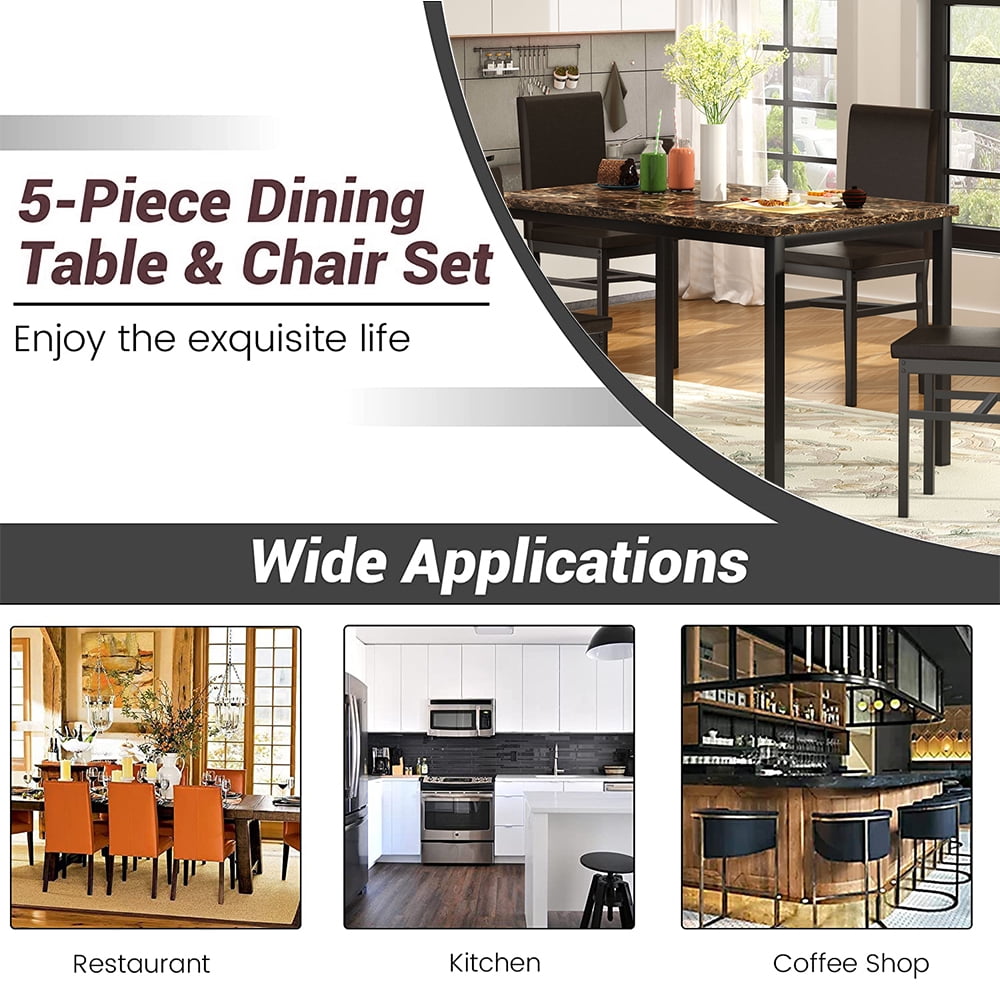 5 Piece Dining Table Set, Modern Faux Marble Tabletop and 4 PU Leather Upholstered Chairs, Rectangle Kitchen Table and Chairs for 4 Persons, Small Dining Set for Bar Dining Room Breakfast Nook