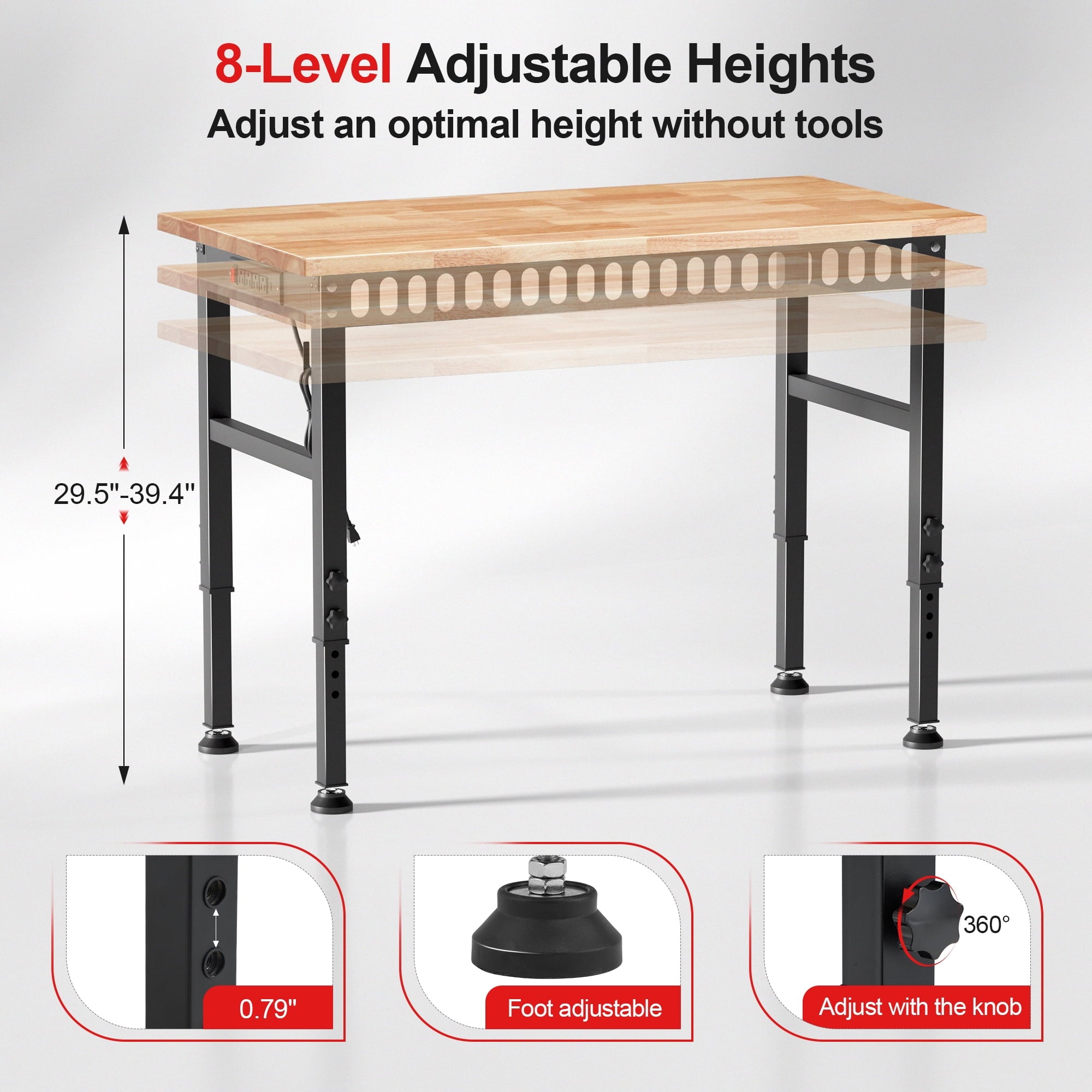 AHB 70 Adjustable Height Workbench with Power Outlets and Pegboard, 2000 lbs Heavy Duty Rubber Wood Top Work Table for Garage, Workshop, Office and Home