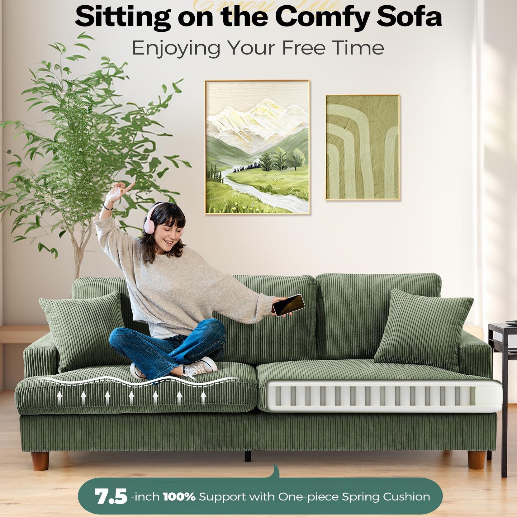 87 Corduroy Sofa,3 Seater Sofa with Extra Deep Seats,Neche Comfy Upholstered Couch for Living Room,2 Pillows,Green
