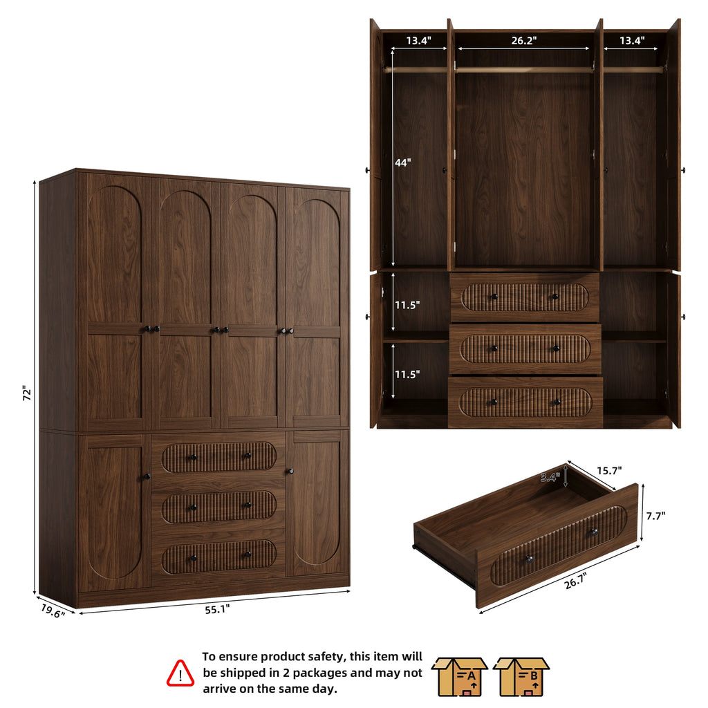 UGTOO 72H 4-Door Wardrobe Armoire with 3 Hanging Rods & 3 Drawers – Black Wooden Closet Storage Cabinet, Large Capacity Freestanding Clothes Organizer for Bedroom