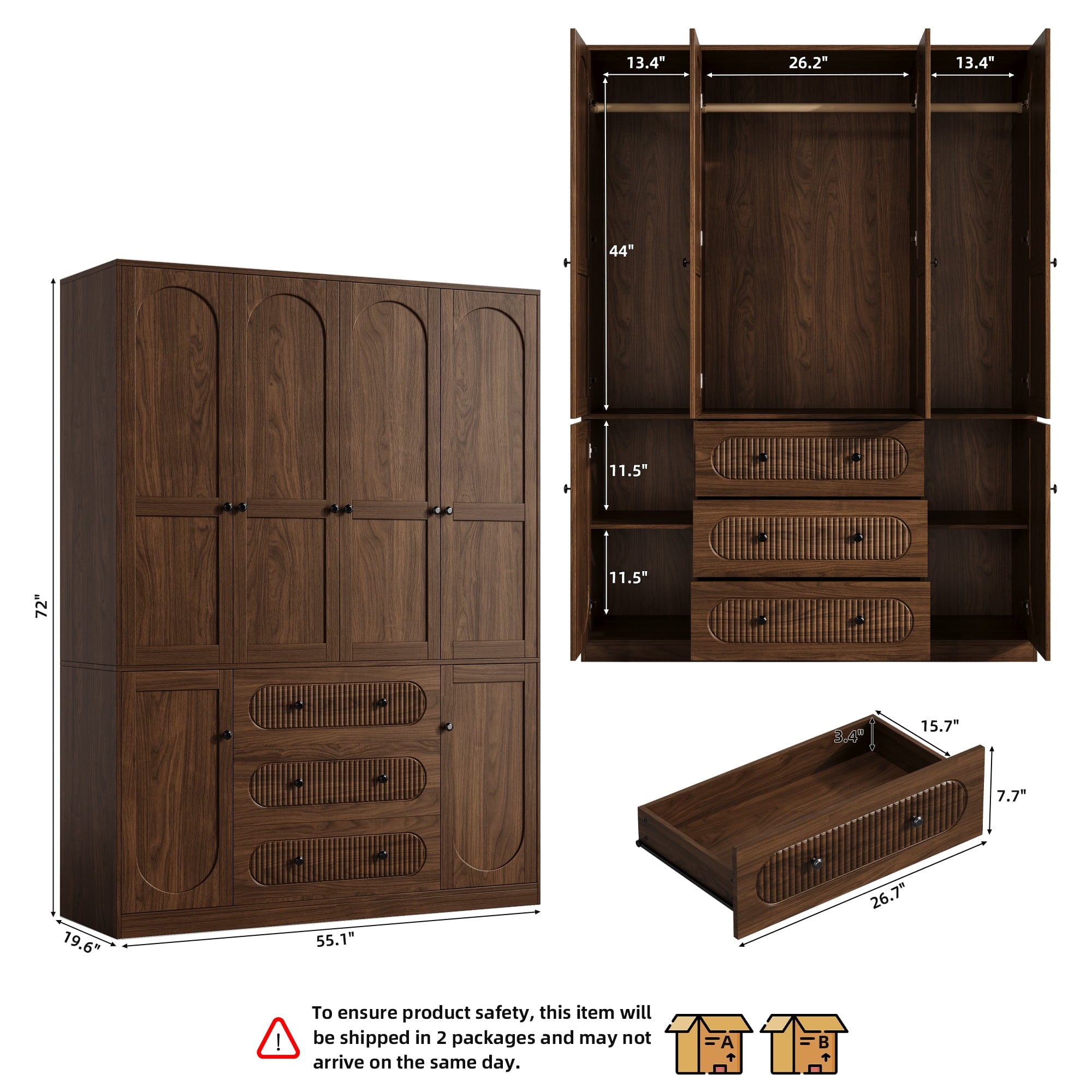 UGTOO 72H 4-Door Wardrobe Armoire with 3 Hanging Rods & 3 Drawers – Black Wooden Closet Storage Cabinet, Large Capacity Freestanding Clothes Organizer for Bedroom