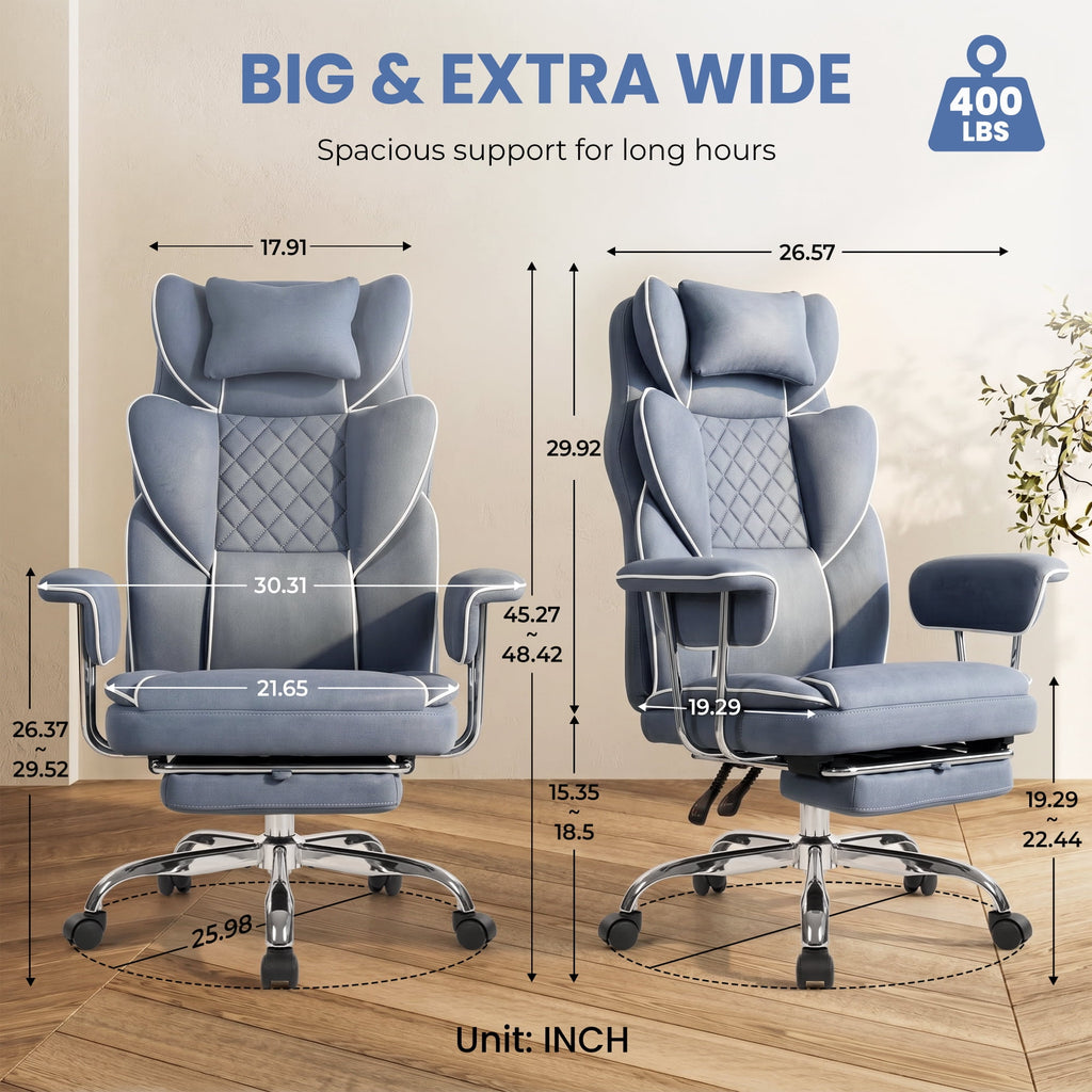 CELTOSS Executive Office Chair 400LBS, High Back Computer Chair with Arms and Footrest, Ergonomic Desk Chair with Lumbar Support, 90–135° Reclining Office Chairs for Home Work, Fabric Blue