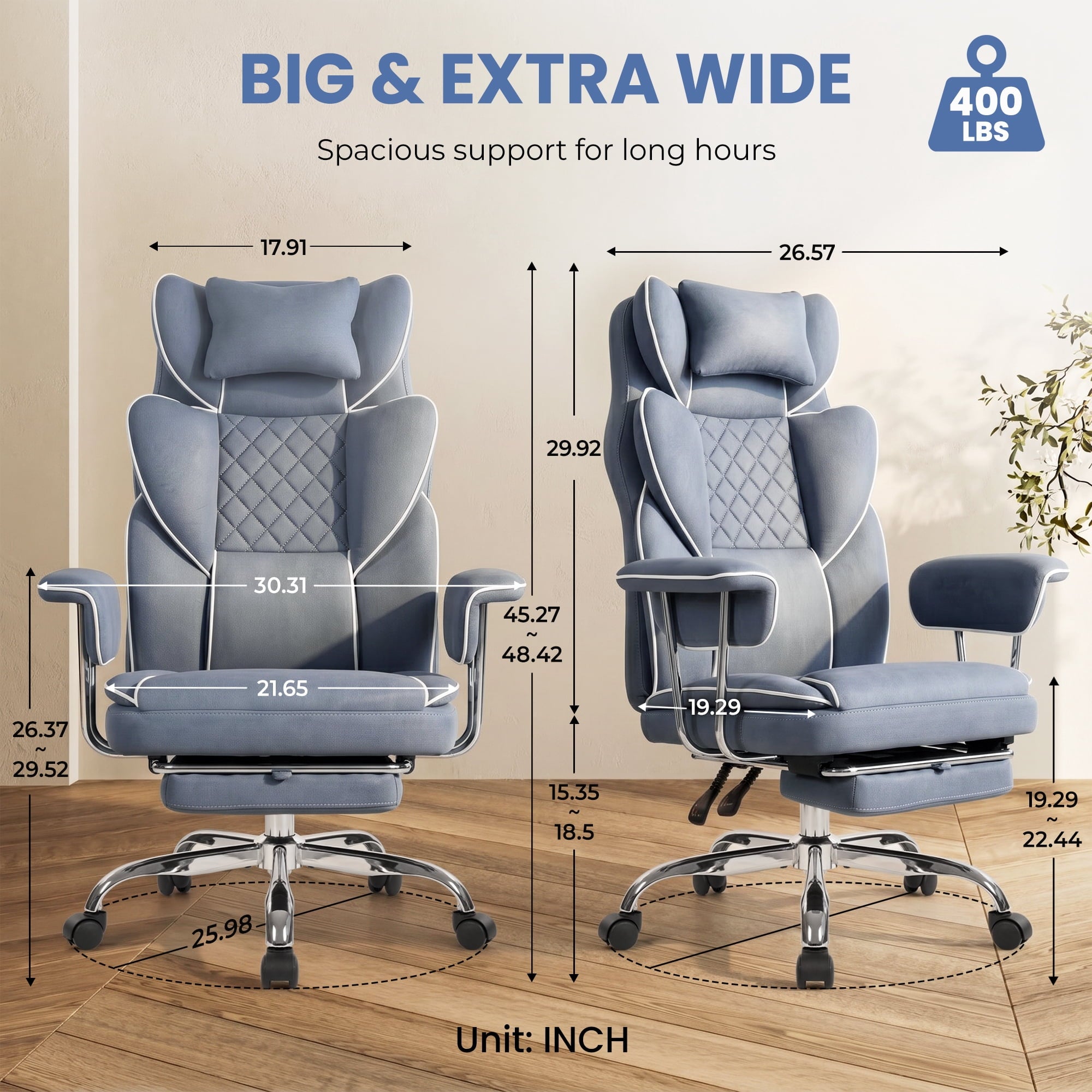 CELTOSS Executive Office Chair 400LBS, High Back Computer Chair with Arms and Footrest, Ergonomic Desk Chair with Lumbar Support, 90–135° Reclining Office Chairs for Home Work, Fabric Blue