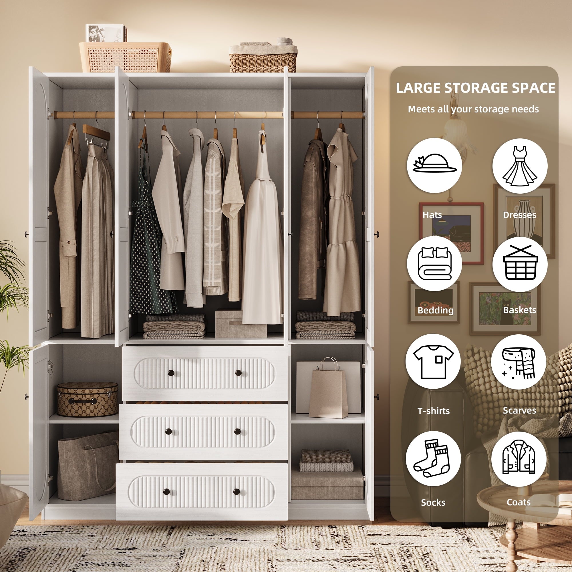 UGTOO 72H 4-Door Wardrobe Armoire with 3 Hanging Rods & 3 Drawers – Black Wooden Closet Storage Cabinet, Large Capacity Freestanding Clothes Organizer for Bedroom