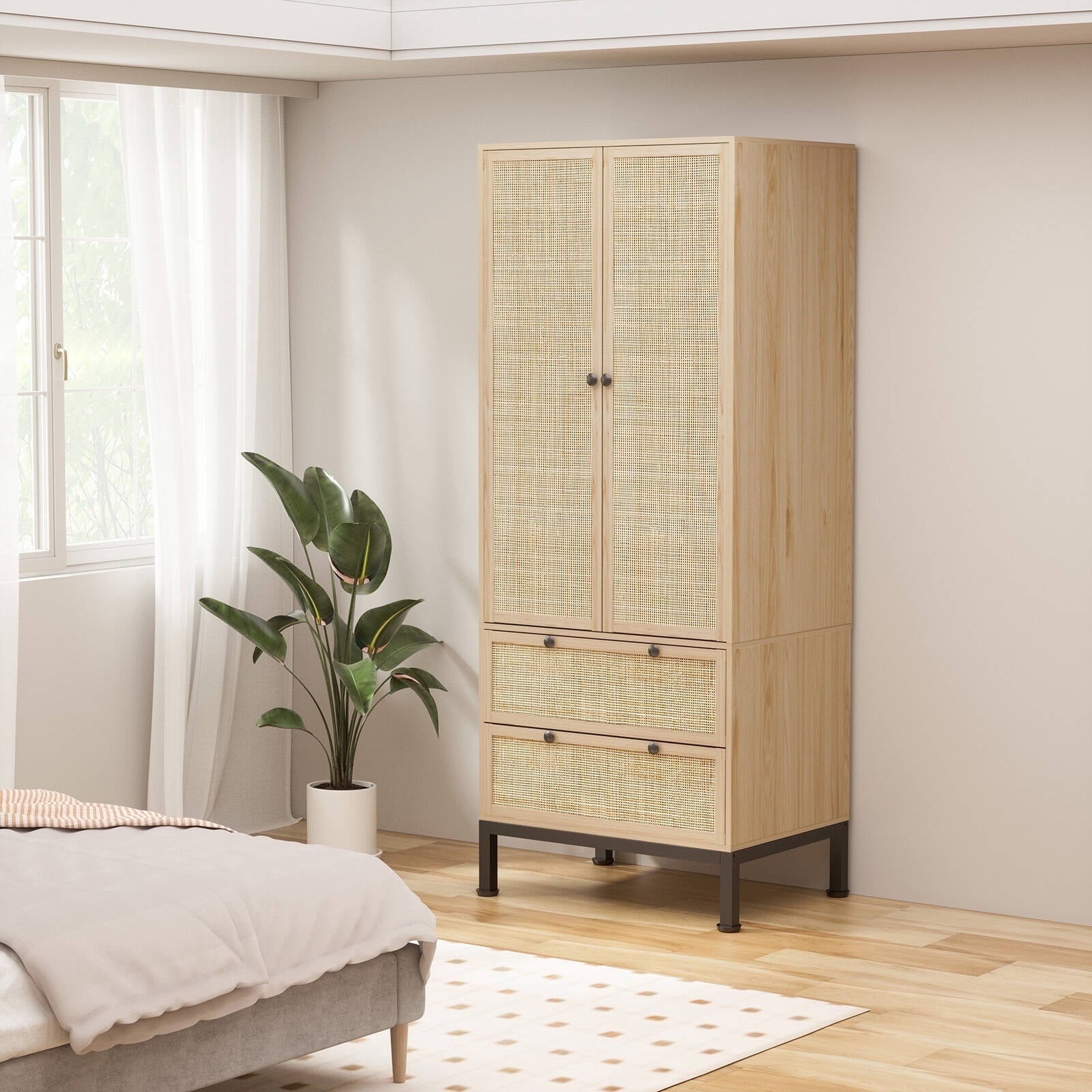 Brafabhome 67H Fluted Armoire Wardrobe Closet with Drawer, Wooden 2 Doors Wardrobe Cabinet with Hanging Rod & Adjustable Shelf for Bedroom | Nature
