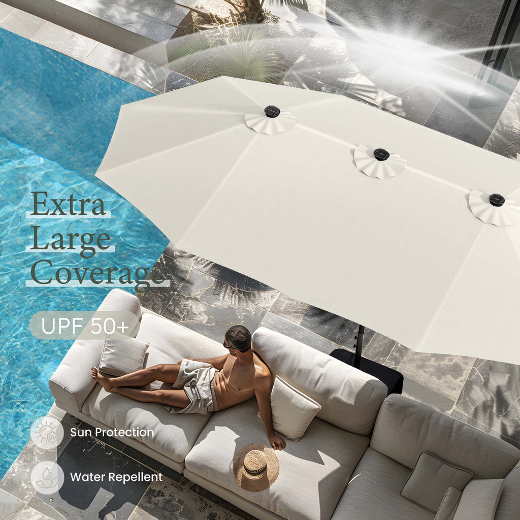 SUMMIT LIVING 15ft Double-Sided Solar Patio Umbrella with Base (Included) Large Outdoor Umbrella with Solar Lights - Beige