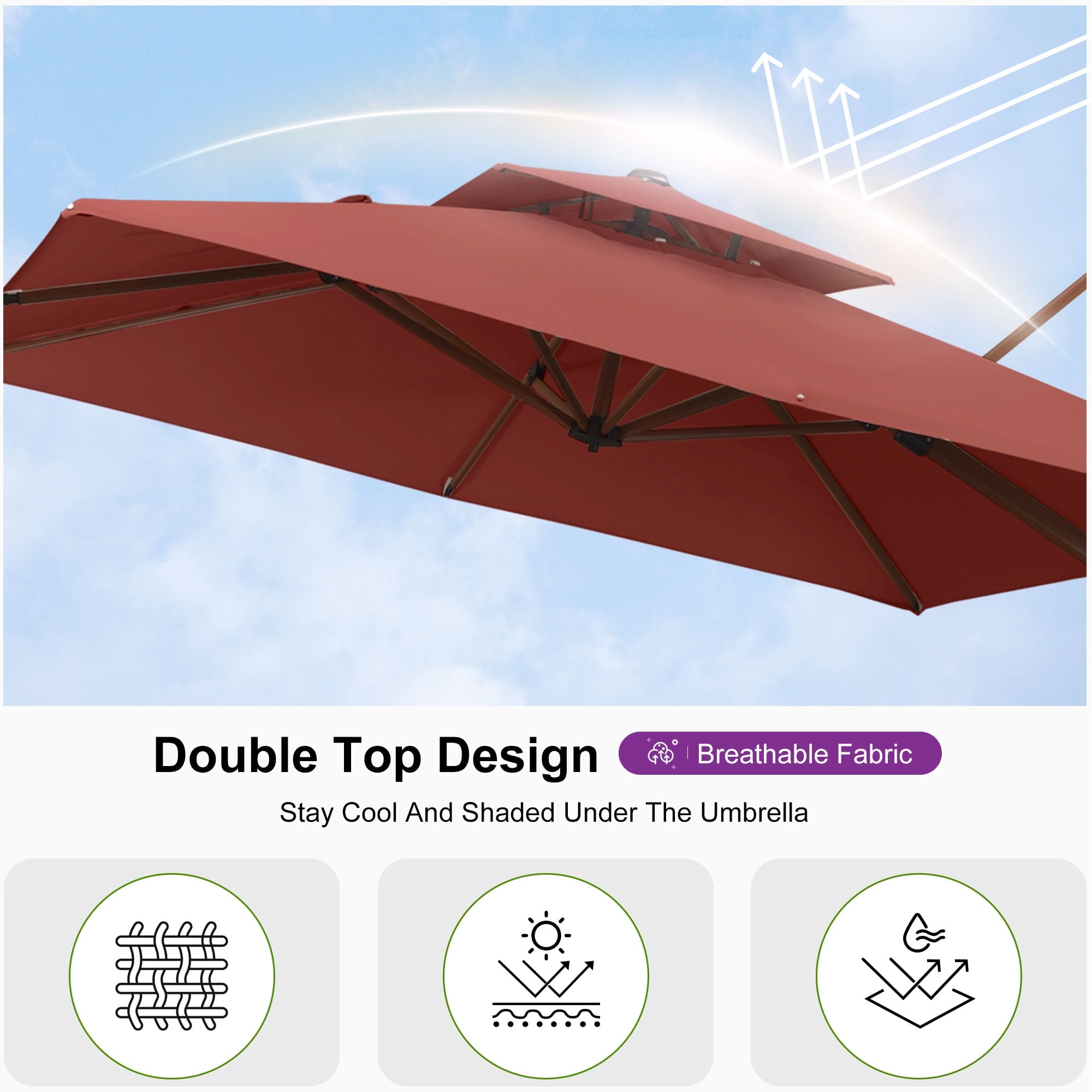 PURPLE LEAF 10FT Deluxe Square Wood Grain Patio Umbrella, Large Offset Cantilever Umbrella with 360° Rotation, Beige