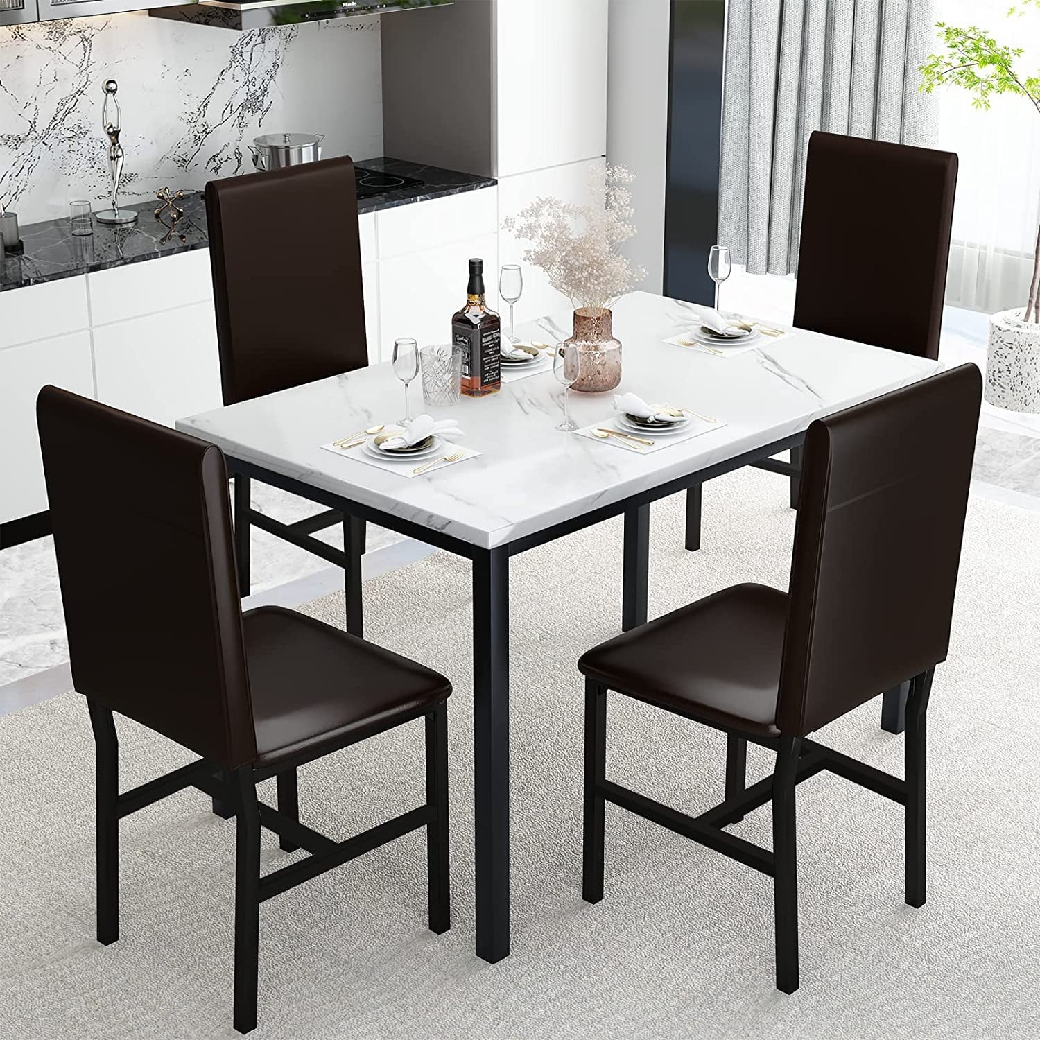 MIERES 5-Piece Dining Table Set for 4, Faux Marble Kitchen Table and 4 Chairs, Modern Dining Room Table with 4 Chairs, Dinner Table Set for Small Spaces, Brown