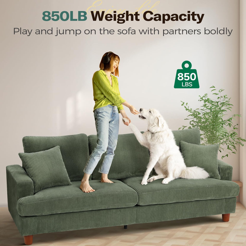87 Corduroy Sofa,3 Seater Sofa with Extra Deep Seats,Neche Comfy Upholstered Couch for Living Room,2 Pillows,Green