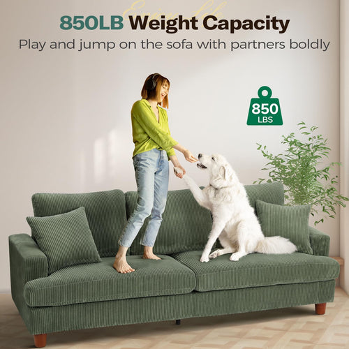 87 Corduroy Sofa,3 Seater Sofa with Extra Deep Seats,Neche Comfy Upholstered Couch for Living Room,2 Pillows,Green
