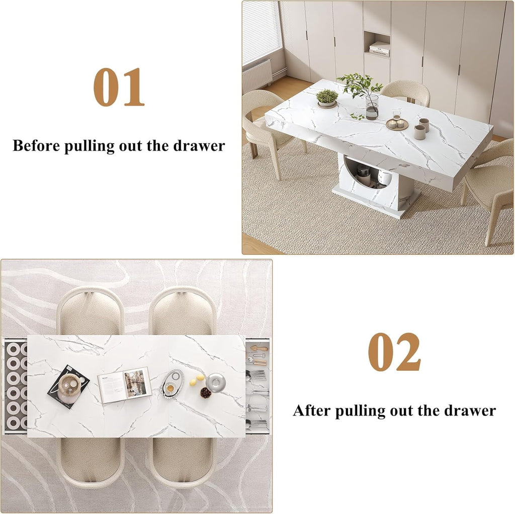 HAUXITIO 55 Inch Dining Table with LED Lights & 2 Drawers,Wooden Pedestal Base Table for 4-6 People,for Kitchen & Dining Room,White& Rustic Brown