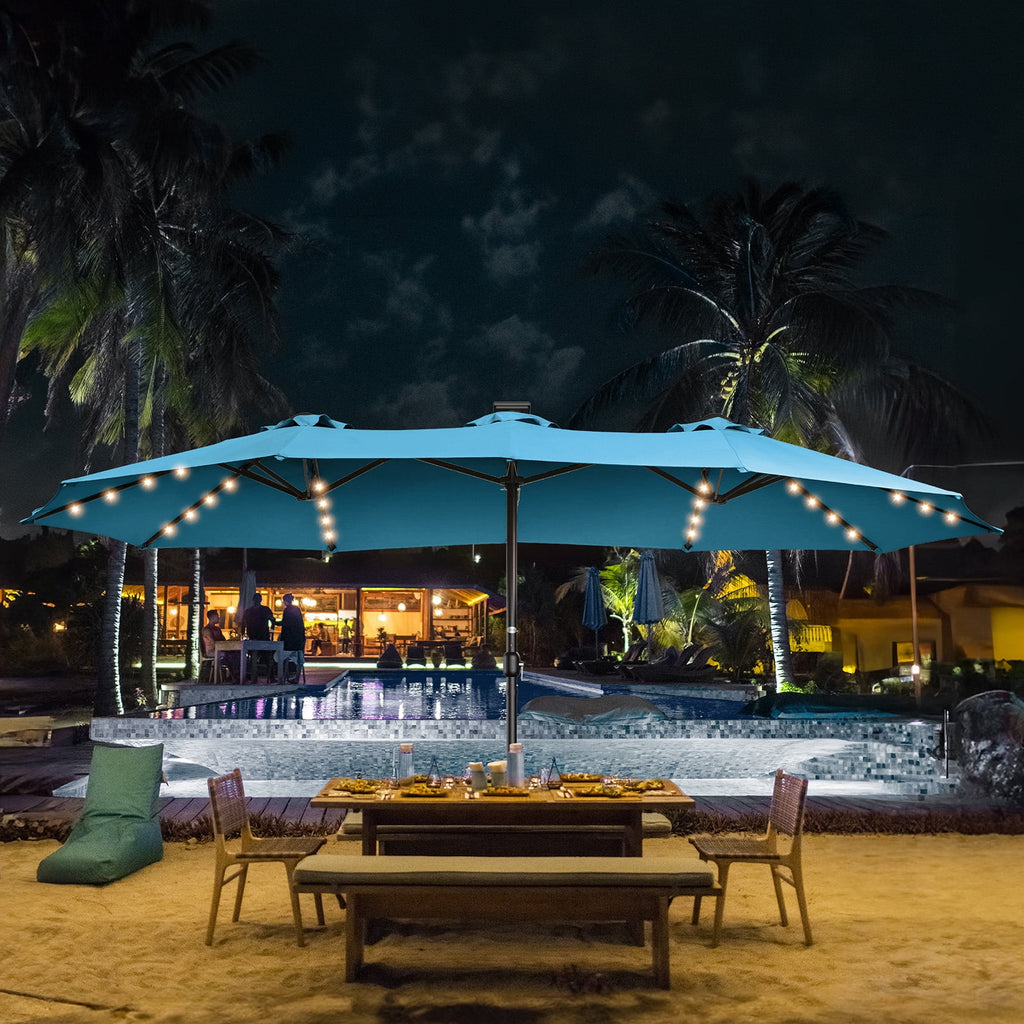 Patbrela 15ft Patio Umbrella with Light and Base, Double Sided  Large Rectangular Outdoor Umbrella with Crank Handle, for Garden, Yard, Poolside and Outdoor Activities, Gray