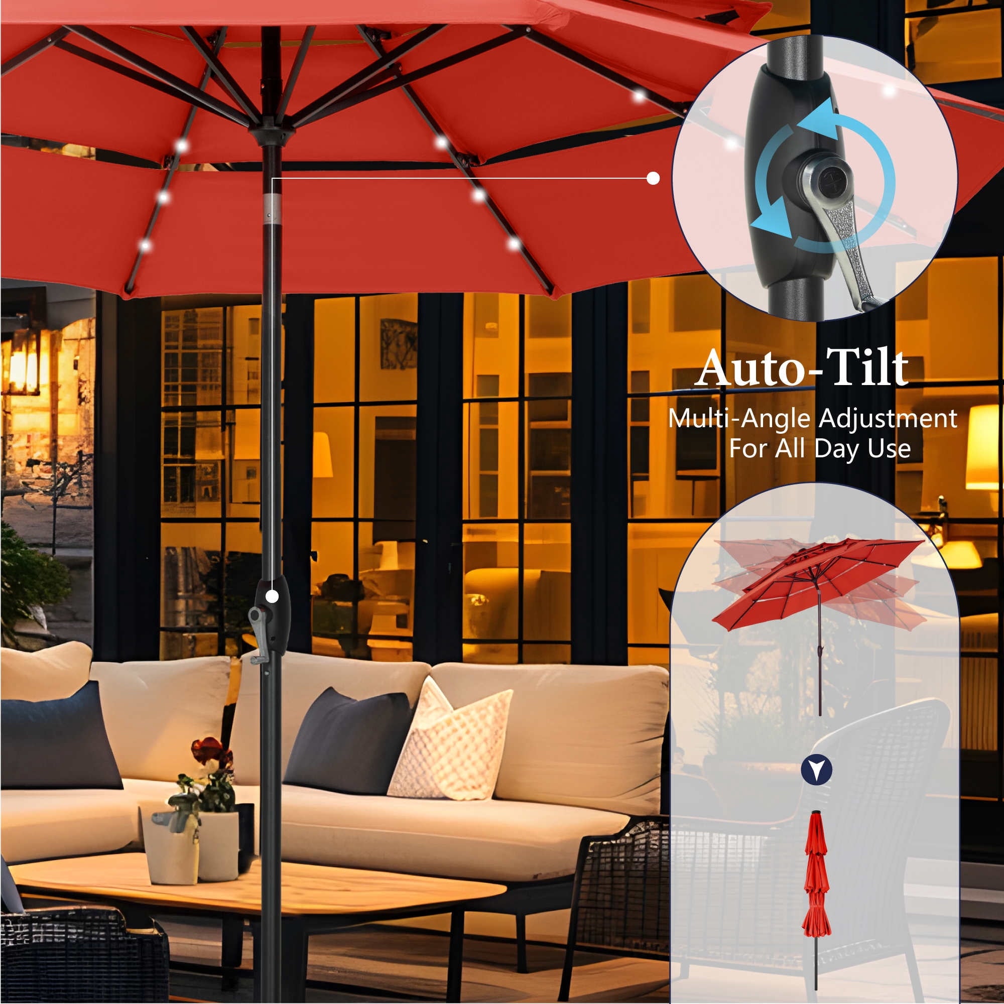 Summit Living 10ft Patio Umbrella with Solar Lights 3-Tier Vented Outdoor Market Umbrella with Auto-Tilt – Beige