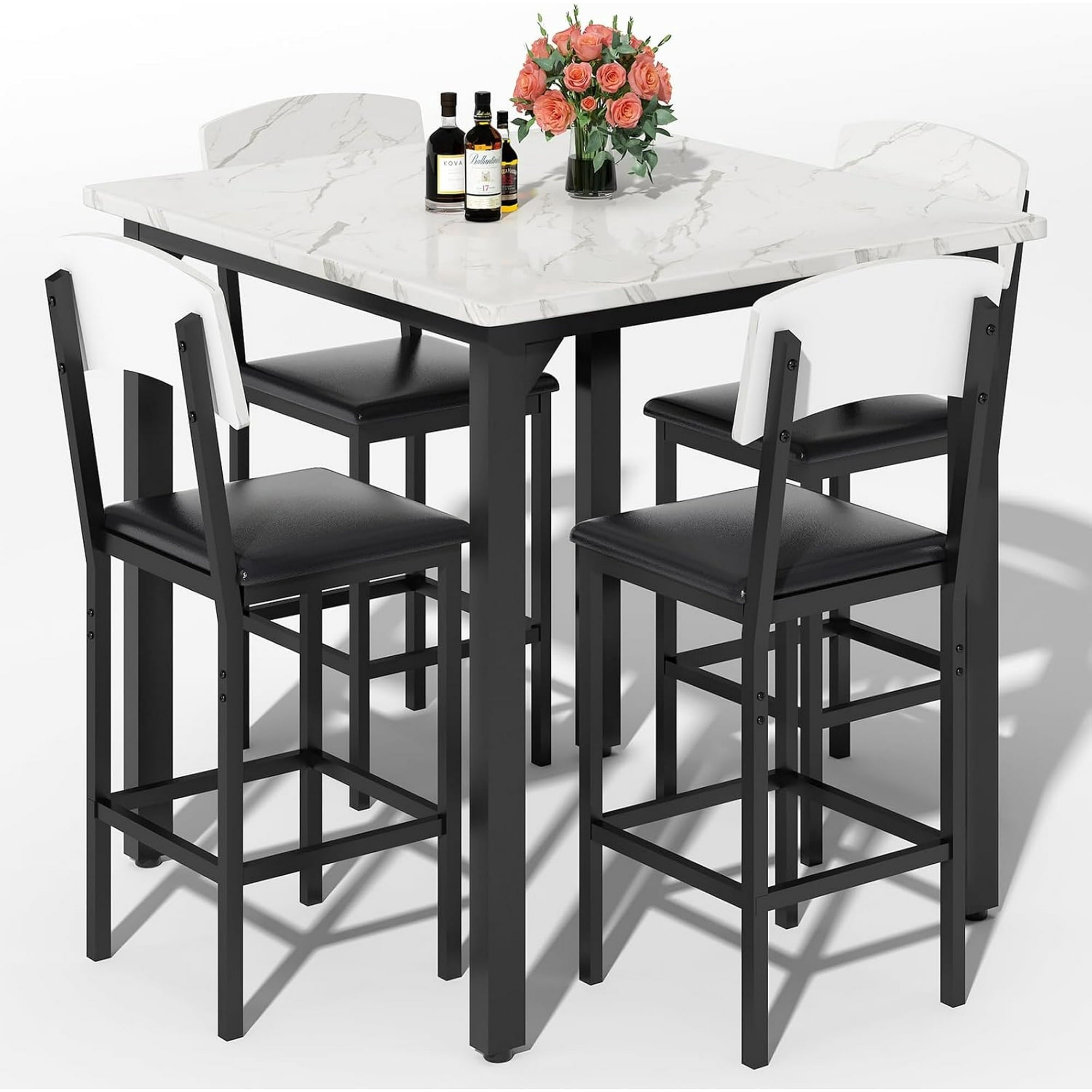 MIERES 5 Piece Dining Table Set High Top Dining Table Set for 4 Counter Height Small Kitchen Table With 4 Velvet Upholstered Chairs, Wood Small Dining Set for Bar Dining Room Breakfast