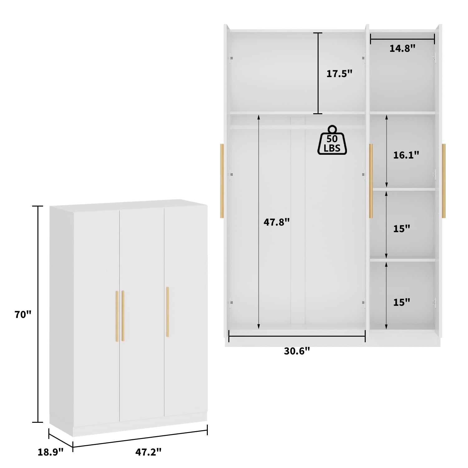Wiawg 2 Door Wardrobe Armoire,Mirrored Closet Storage with Drawers and Shelves,White