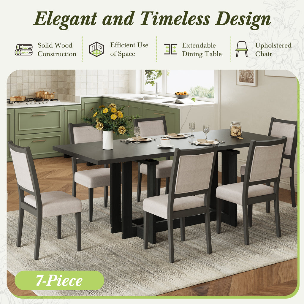 Harper & Bright Designs 7 Pieces Retro Dining Set for 6, Wood Rectangular Table with Designed Trestle Base and 6 Upholstered Chairs for Dining Room and Kitchen, Grey