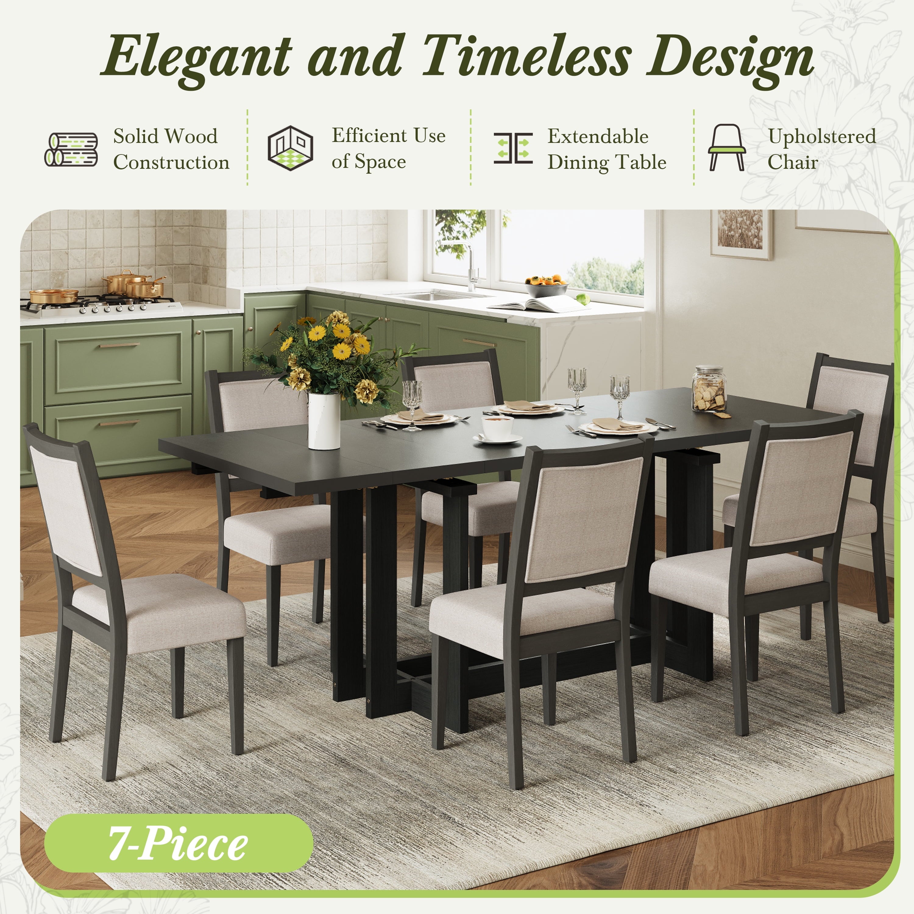 Harper & Bright Designs 7 Pieces Retro Dining Set for 6, Wood Rectangular Table with Designed Trestle Base and 6 Upholstered Chairs for Dining Room and Kitchen, Grey