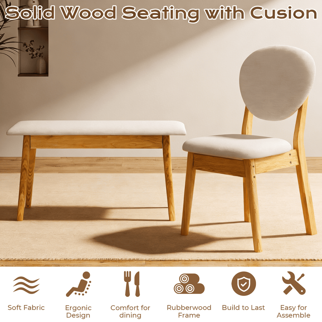 Ktaxon Solid Wood Dining Table Set for 6, Mid-Century Dining Room Table with 4 Padded Chairs & Bench, 47.3 Dining Room Set for 4~6 Family Use, Natural Wood