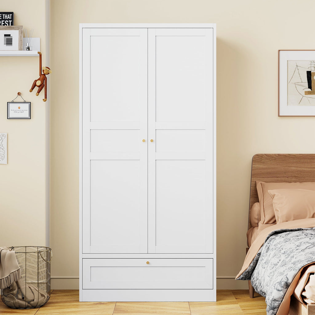 STANI Metal Wardrobe Closet with Hanging Rod, 72 White Armoire Wardrobe Cabinet with Adjustable Shelves, Clothes Storage Organizer Cabinets for Bedroom, Bathroom, Office
