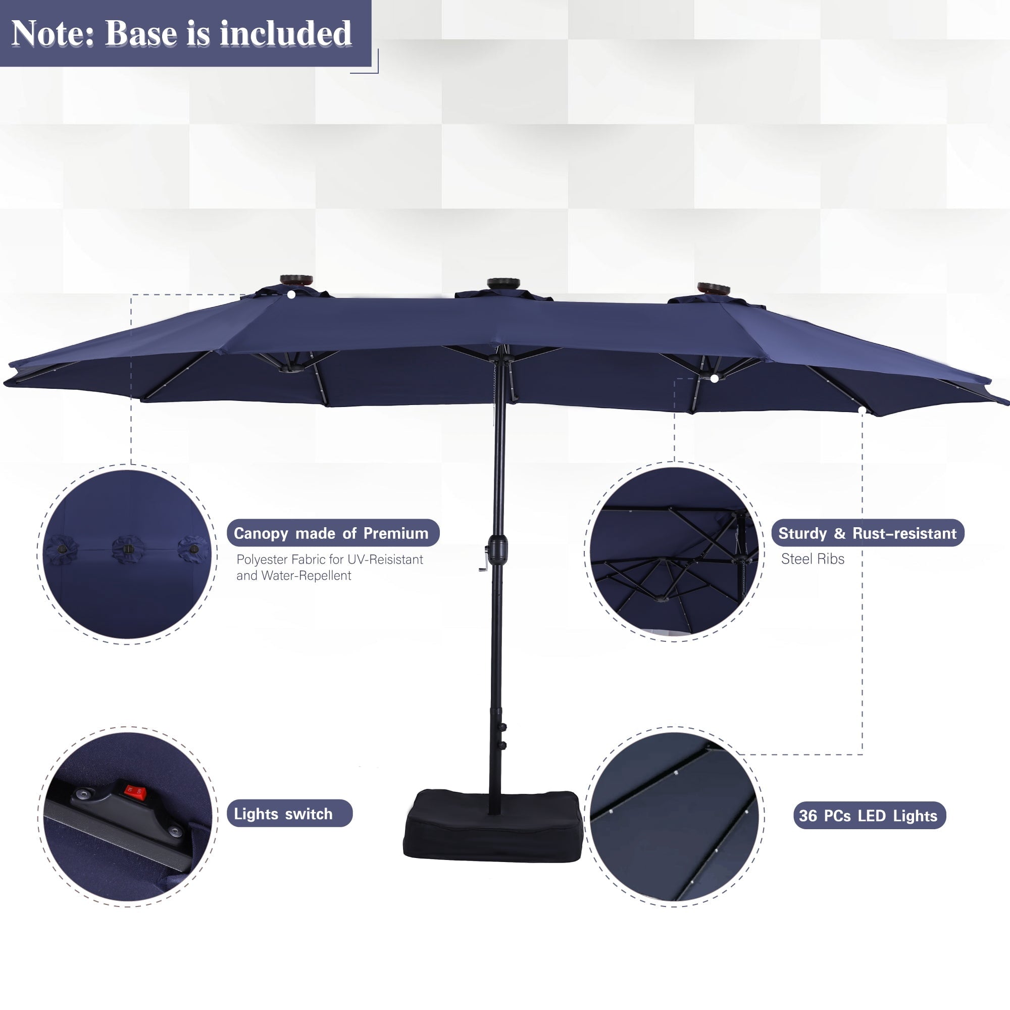Alpha Joy 15ft Extra Large Outdoor Patio Double-Sided Umbrella with LED Solar Lights & Umbrella Base, Beige