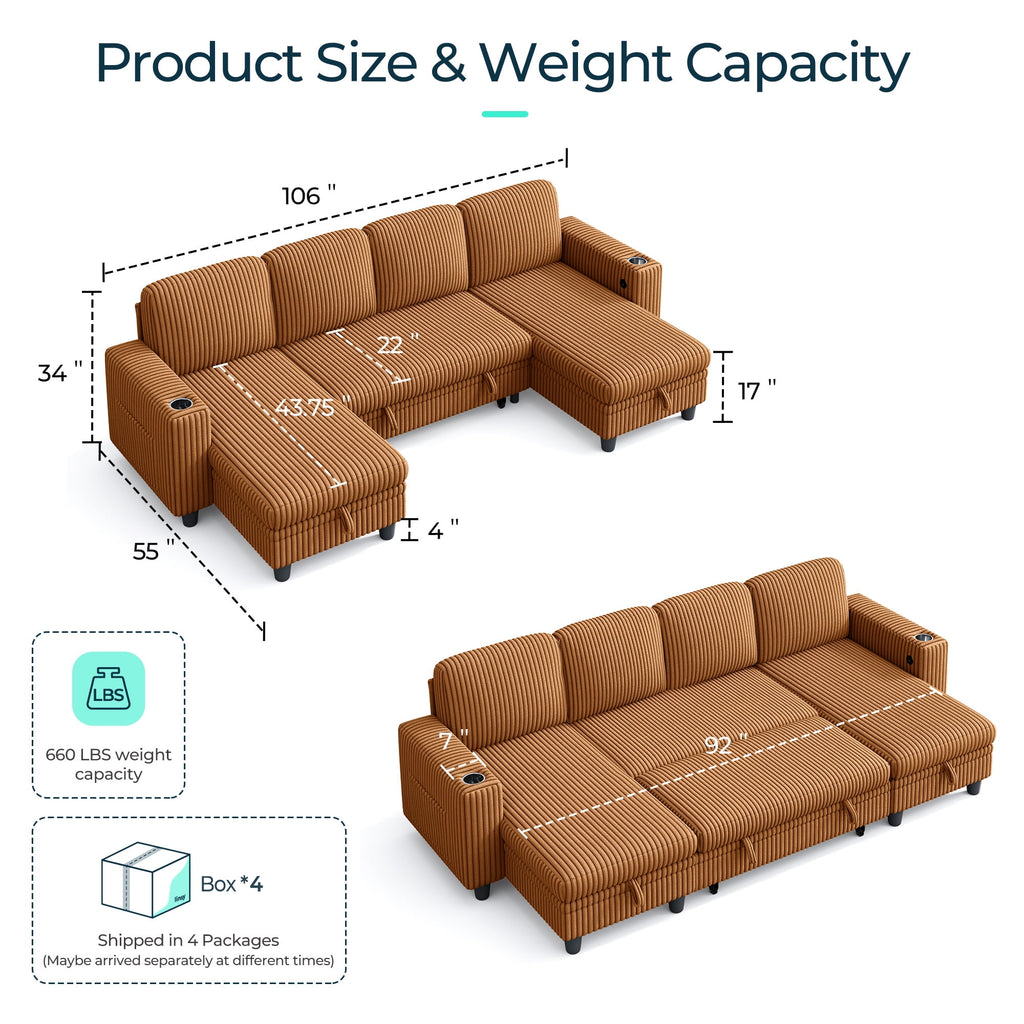 LINSY HOME L Shaped Sectional Couches for Living Room, Sleeper Sofa Bed with Reversible Storage Chaise, Pull Out Couch Bed with USB, Cup Holder, Black