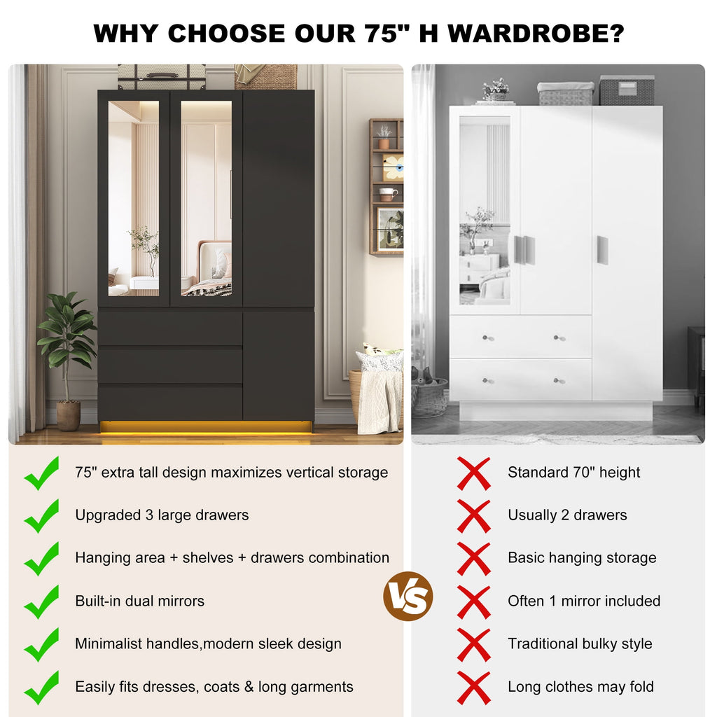 75 Tall 3 Doors Armoire Wardrobe Closet with  3 Drawers and Mirror, Large Wardrobe Closet for Bedroom with LED Lights, Wooden Armoire Storage Cabinet with Hanging Rod, Adjustable shelves (White)